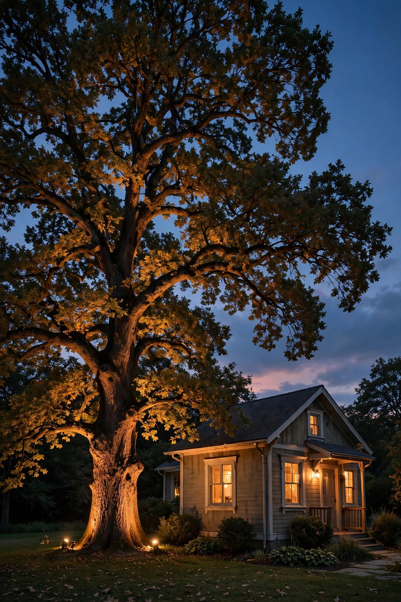 Tall front-yard oak tree dramatically uplit at dusk beside a small house, lending the home borrowed height and presence
