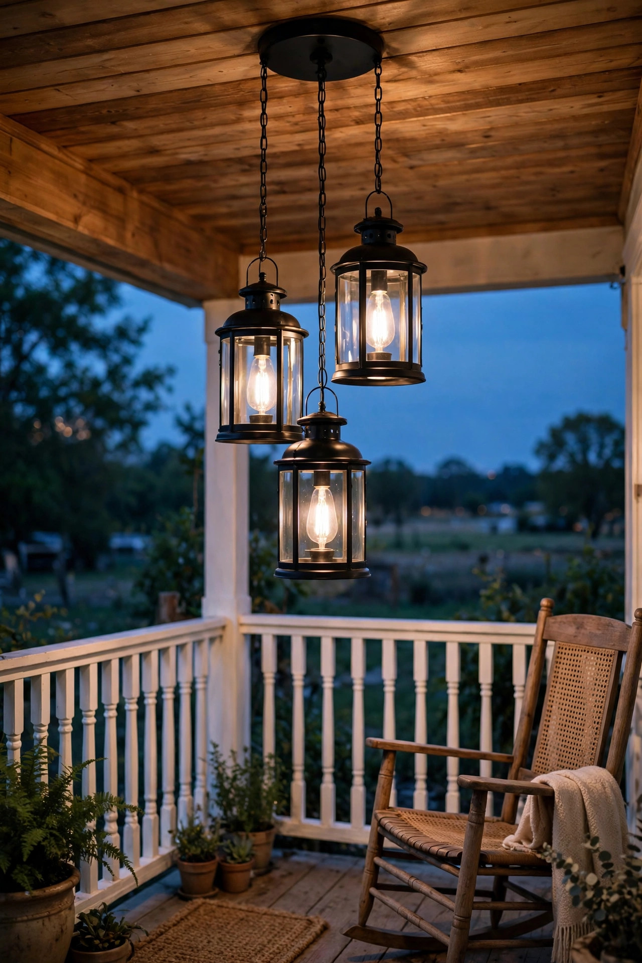 Tiered lantern outdoor chandelier with three staggered lanterns on a farmhouse porch