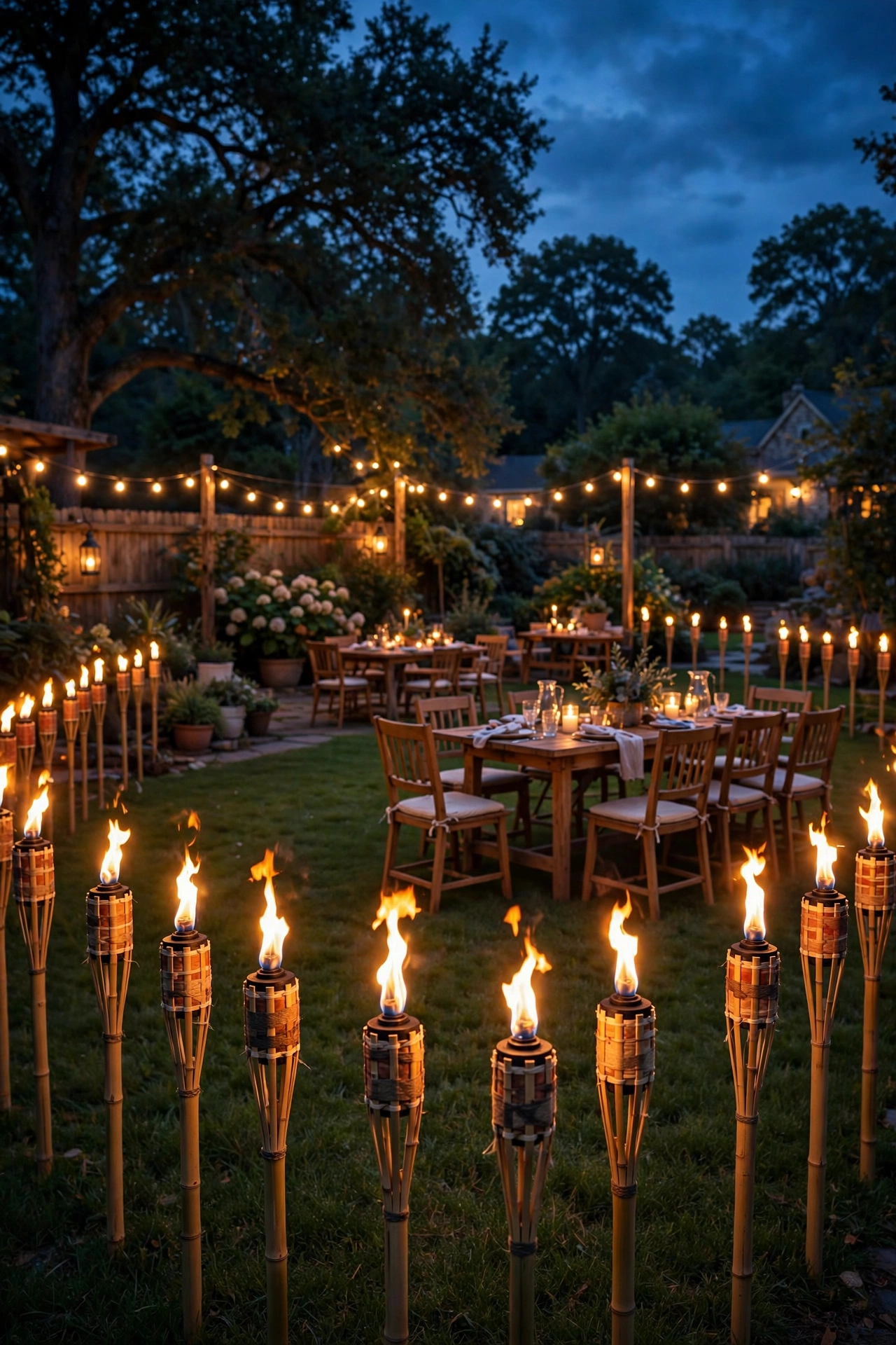 Tiki torches with flames lining the perimeter of a backyard party at dusk