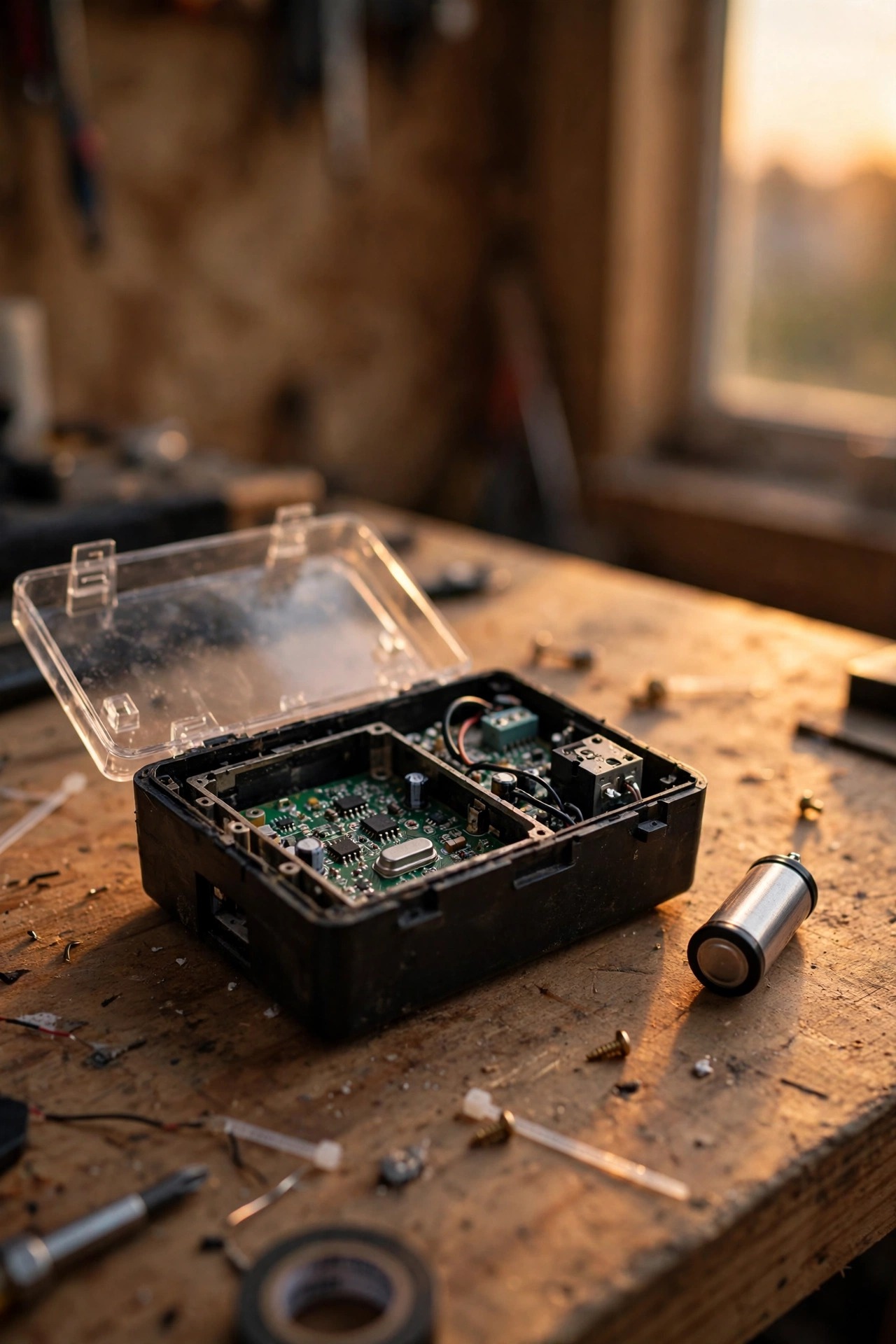 Small replacement backup battery next to an open digital lighting timer with its cover removed