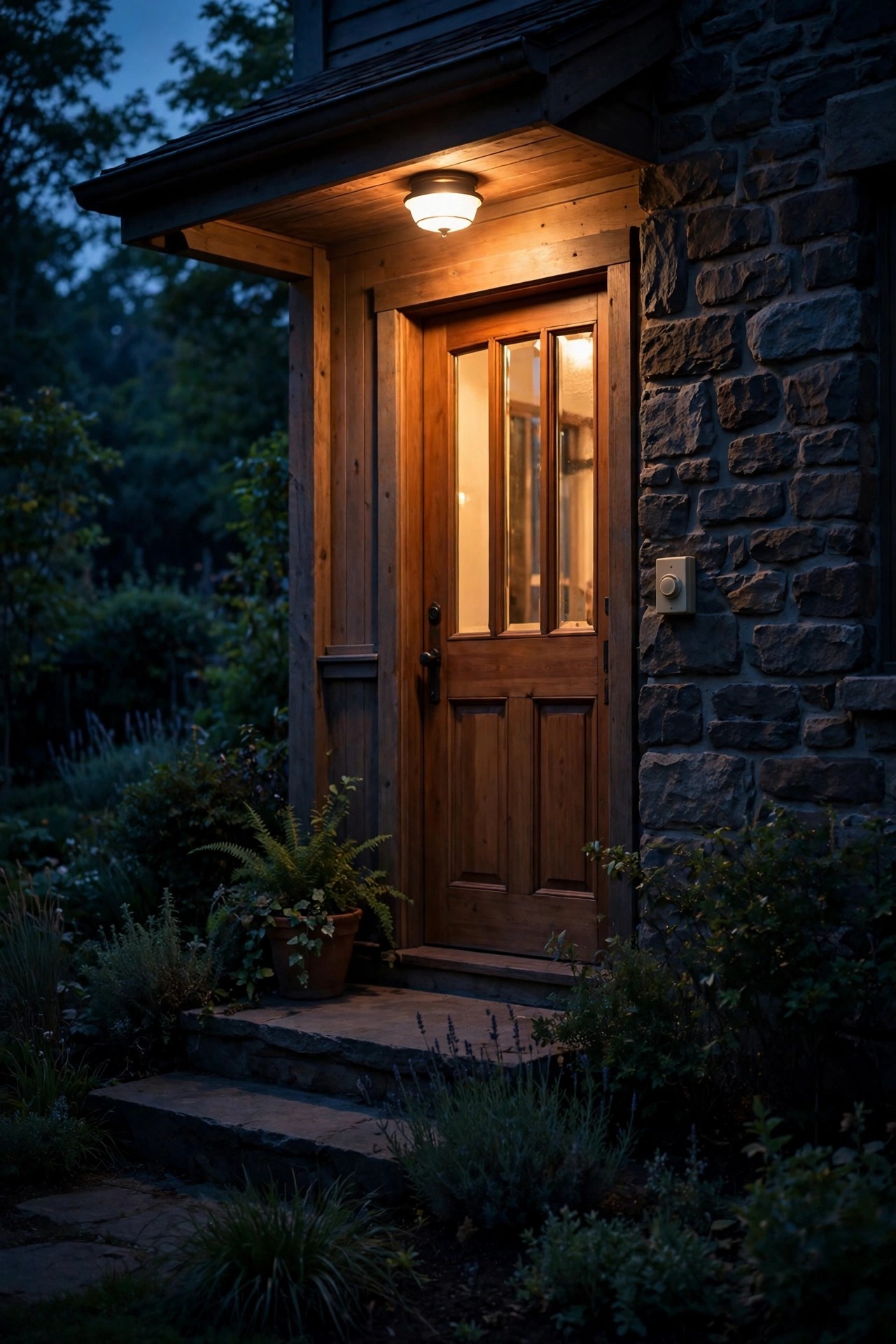 Porch timer switch beside a softly glowing entry at dusk, warm lights winding down for the night while the garden settles into darkness