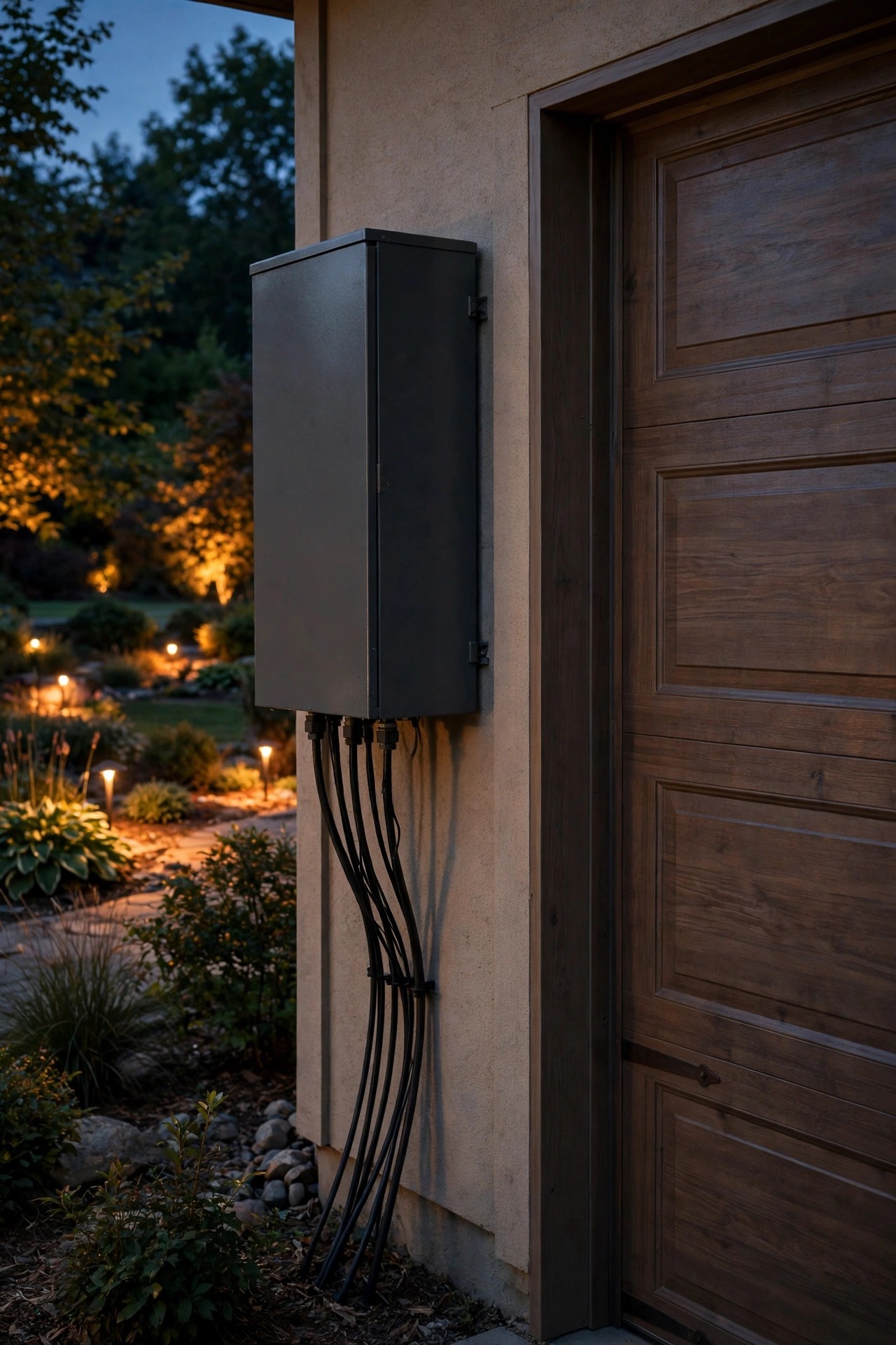 Photorealistic evening view of a large multi-tap landscape lighting transformer mounted beside a garage door, multiple cable runs entering the bottom, warm garden lighting glowing across the yard beyond