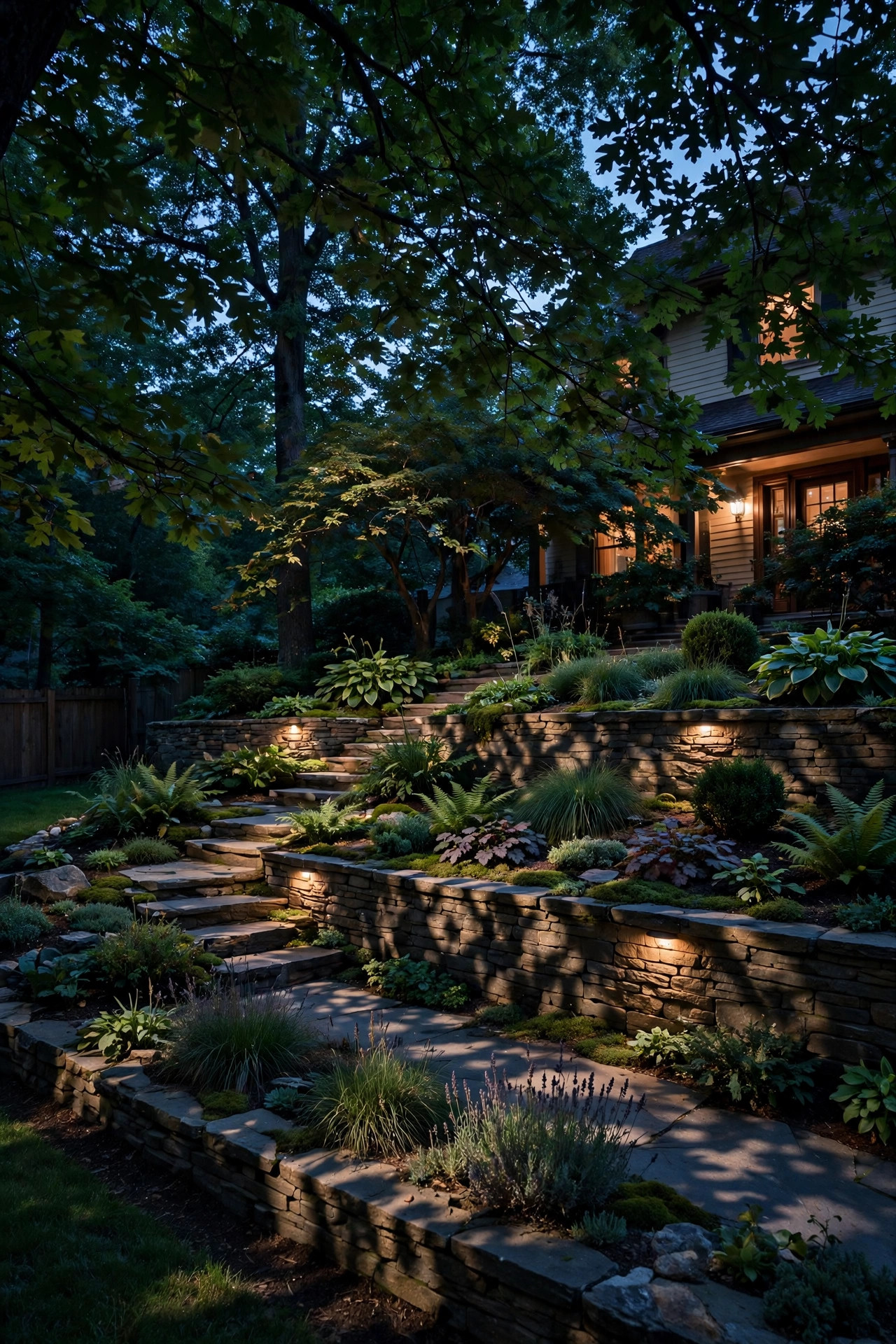 Soft moonlighting effect through tree branches washing over a corner lot lawn