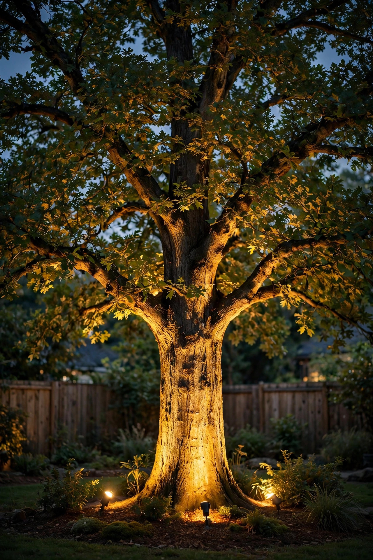 Warm uplight glowing at the base of a large backyard tree washing the trunk and canopy in golden light