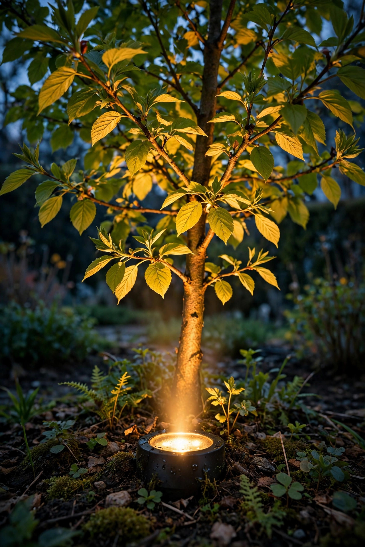 Uplight repositioned at the base of a small spring tree casting warm light up through fresh green leaves