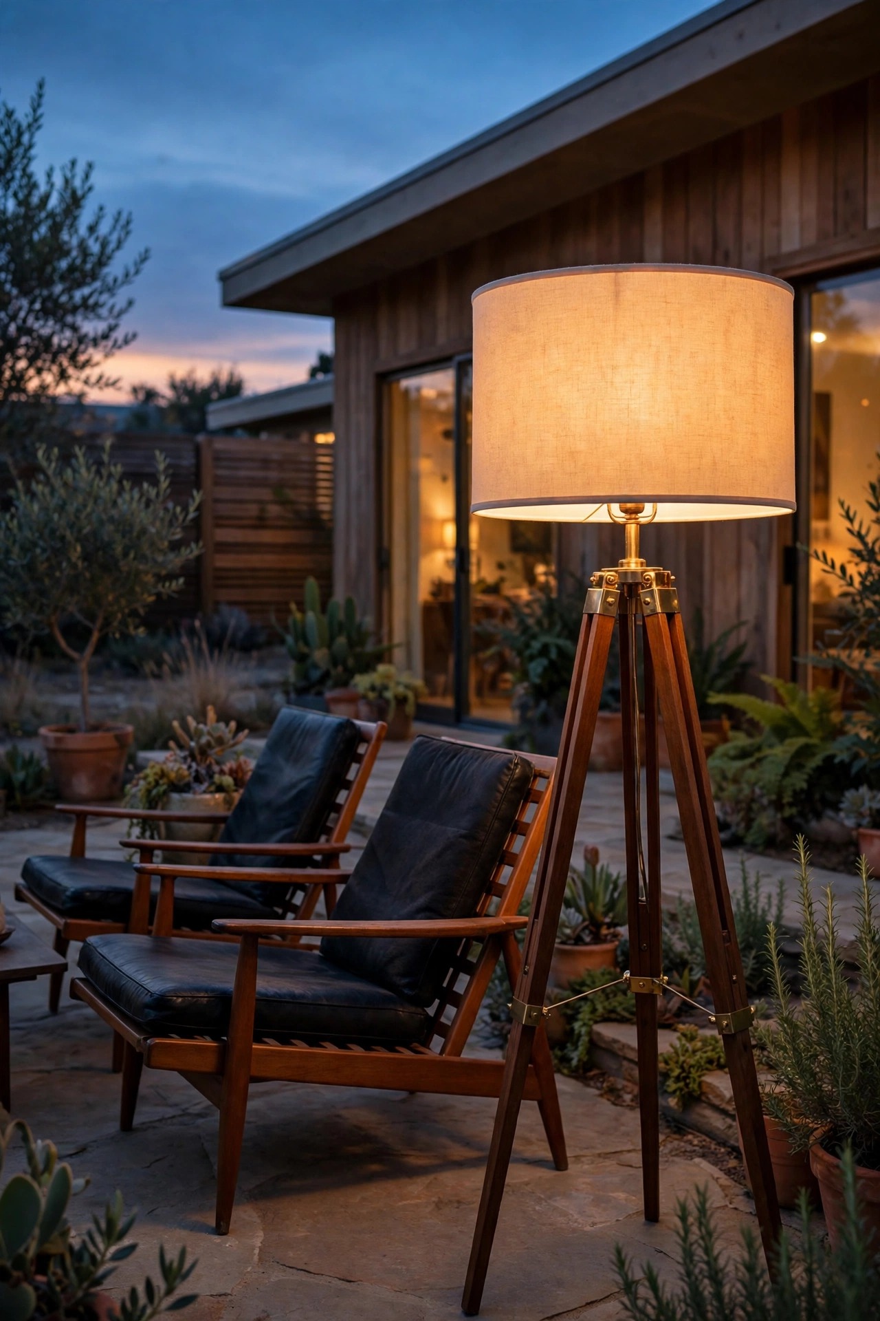 Outdoor tripod floor lamp with a warm drum shade glowing beside lounge chairs on a mid-century patio at dusk