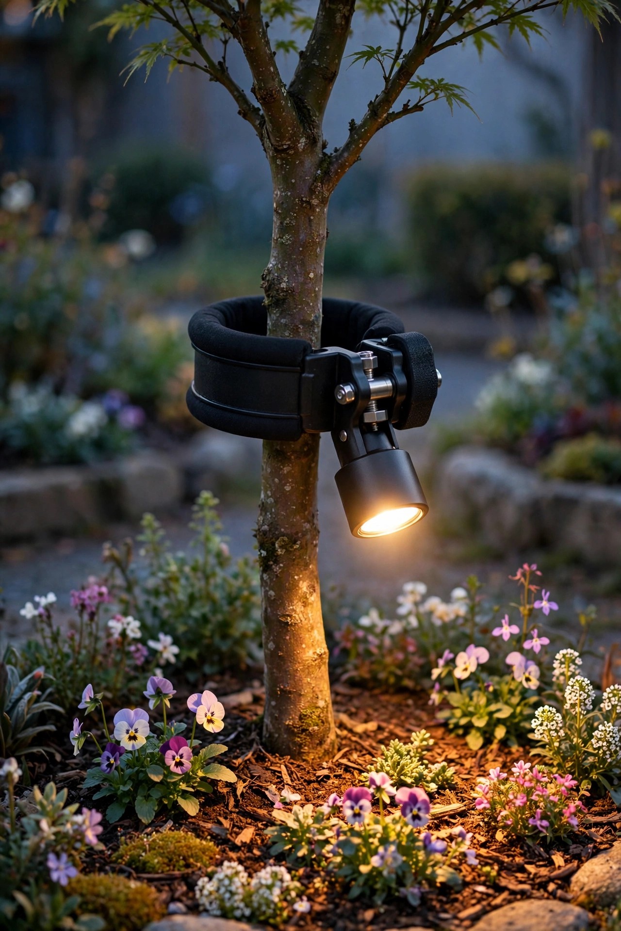 Padded clamp ring mount on a small ornamental tree trunk with a compact downlight glowing over the flower bed below at dusk