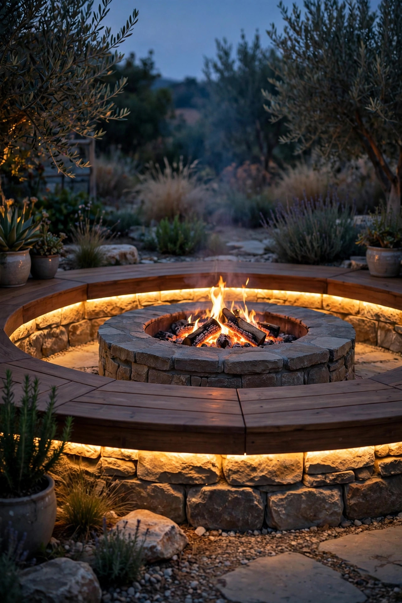 Hidden LED strip glowing beneath a built-in bench seat around a stone fire pit