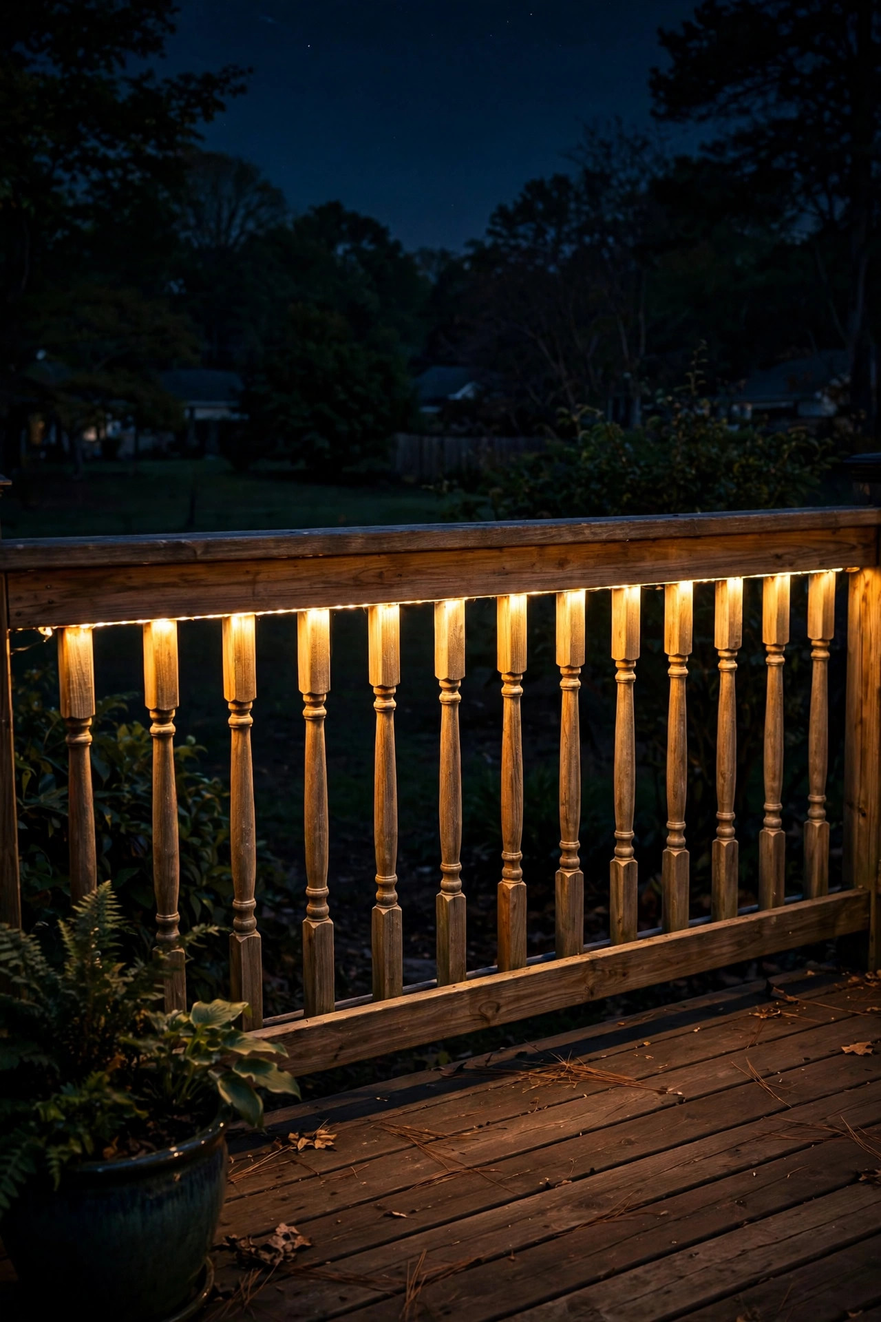 Deck handrail glowing from an LED strip hidden underneath, washing light down the balusters