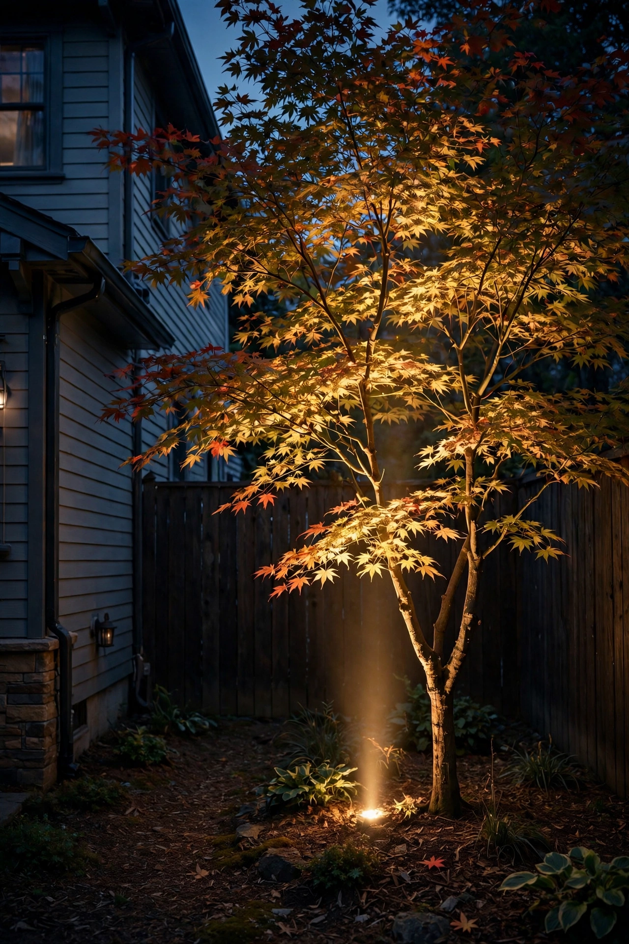 Single warm uplight dramatizing a small ornamental tree in a narrow side yard at dusk