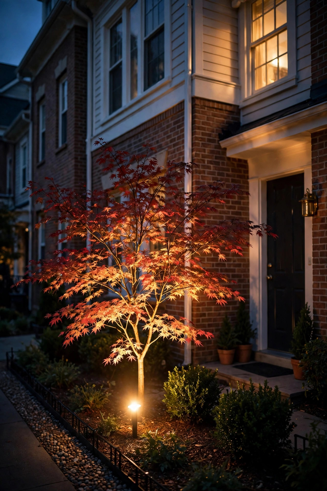 Single uplight glowing through a small ornamental tree in a narrow townhome front yard at night
