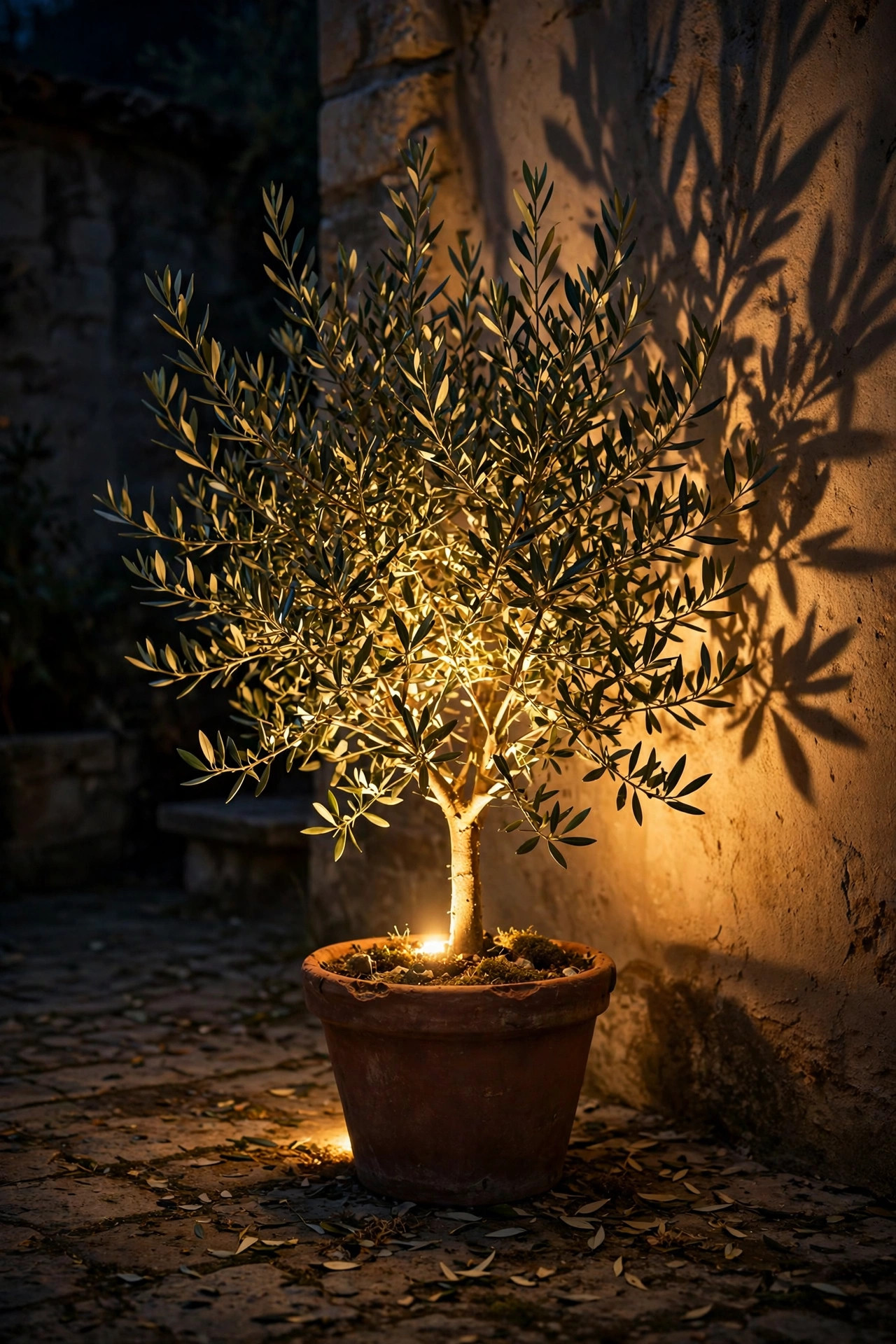 Uplight glowing through the canopy of a small olive tree in a terracotta pot in a courtyard at night