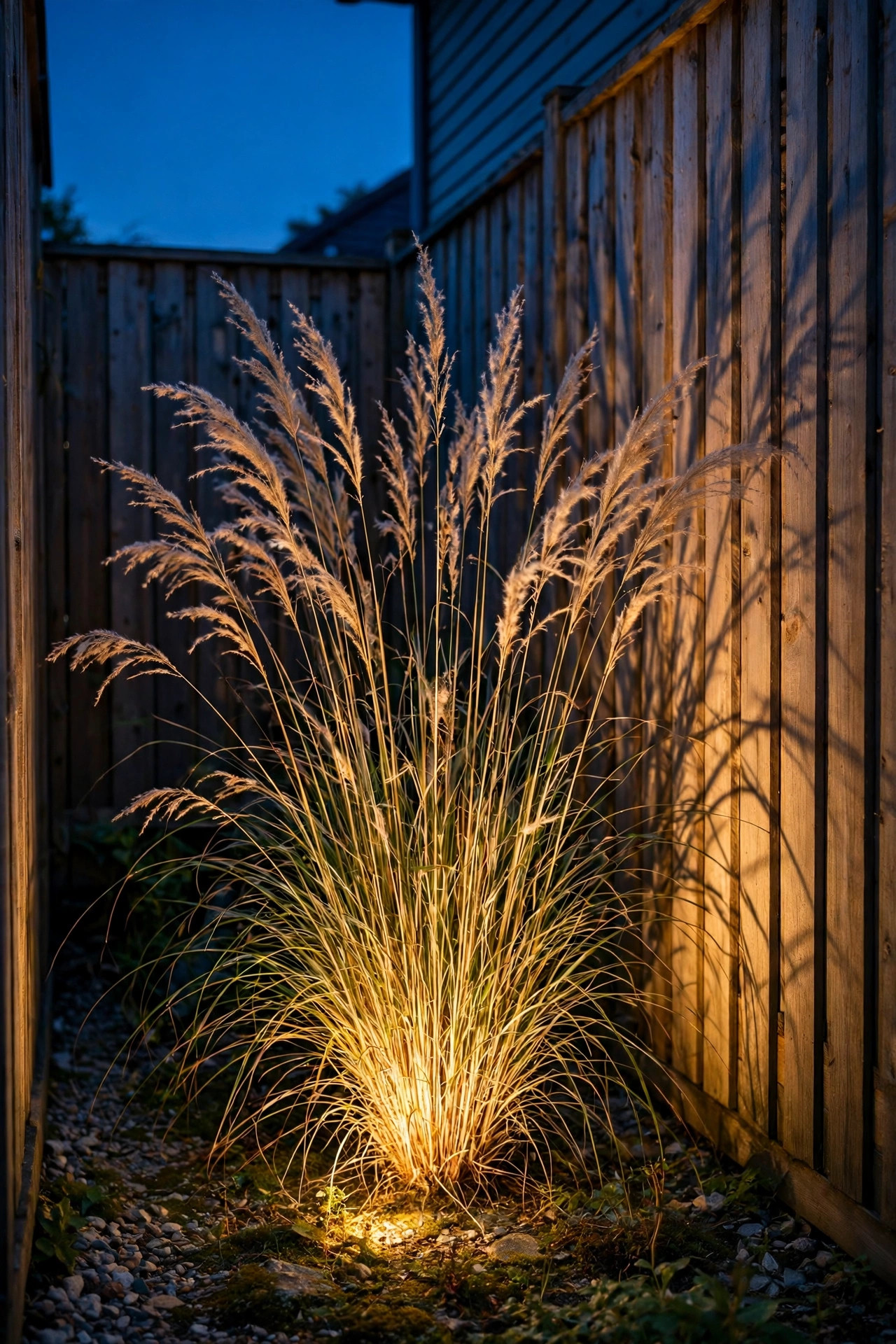 Single ornamental grass clump uplighted in a narrow side garden at dusk casting soft shadows on the fence