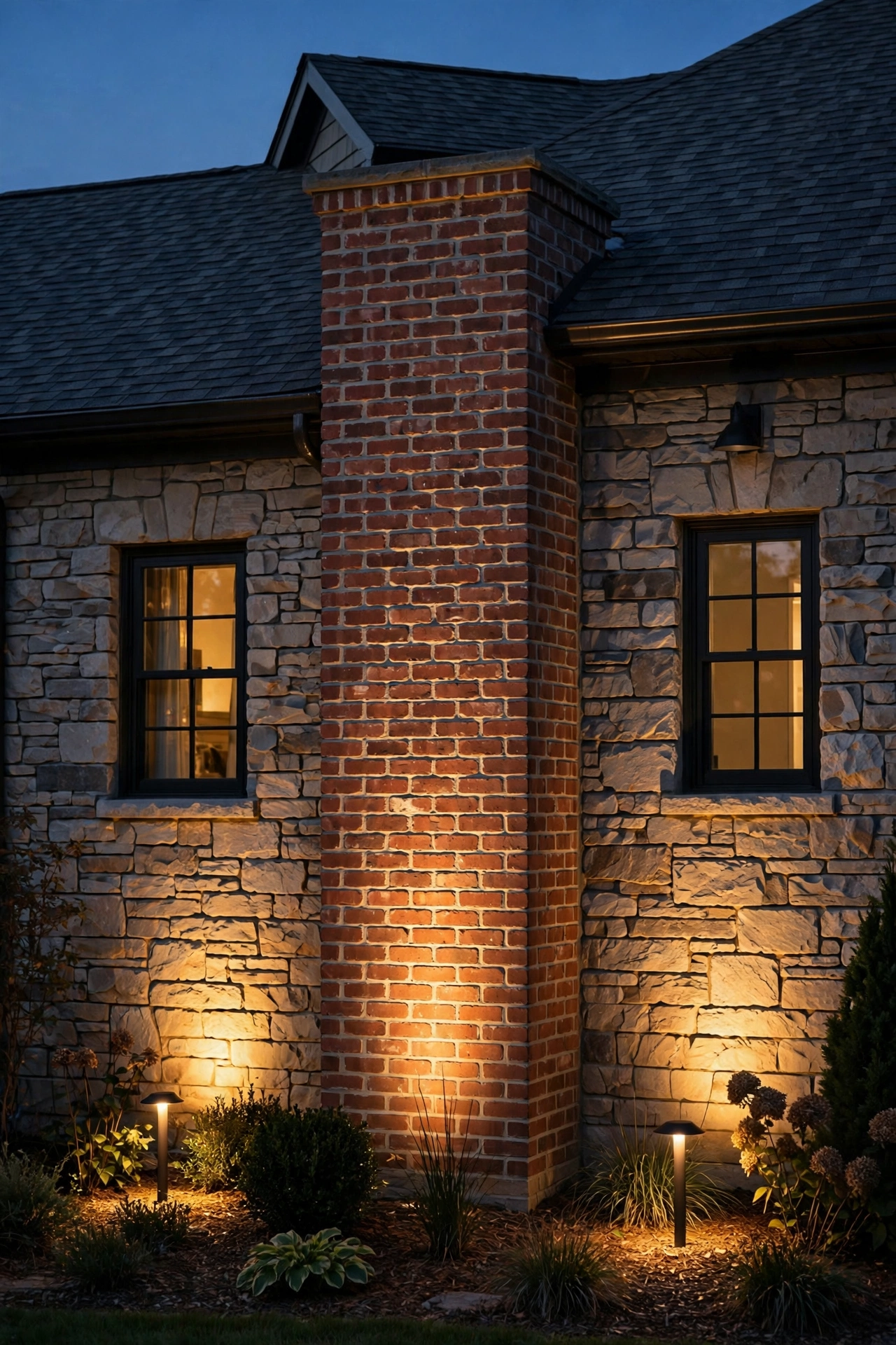 Two uplights flanking a brick column and washing a stone facade with warm light at night