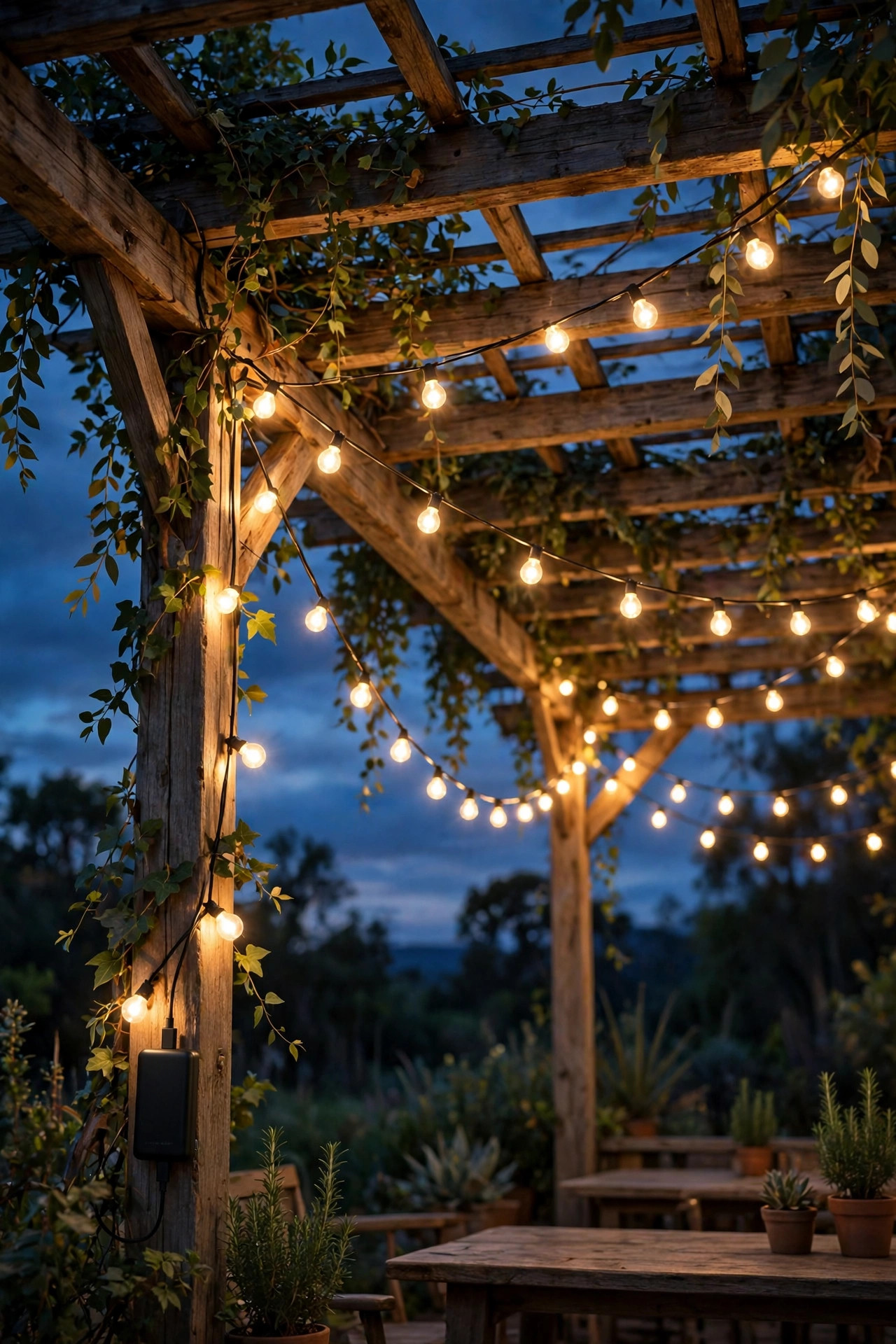 USB cafe string lights glowing under a pergola at dusk powered by a hidden rechargeable power bank