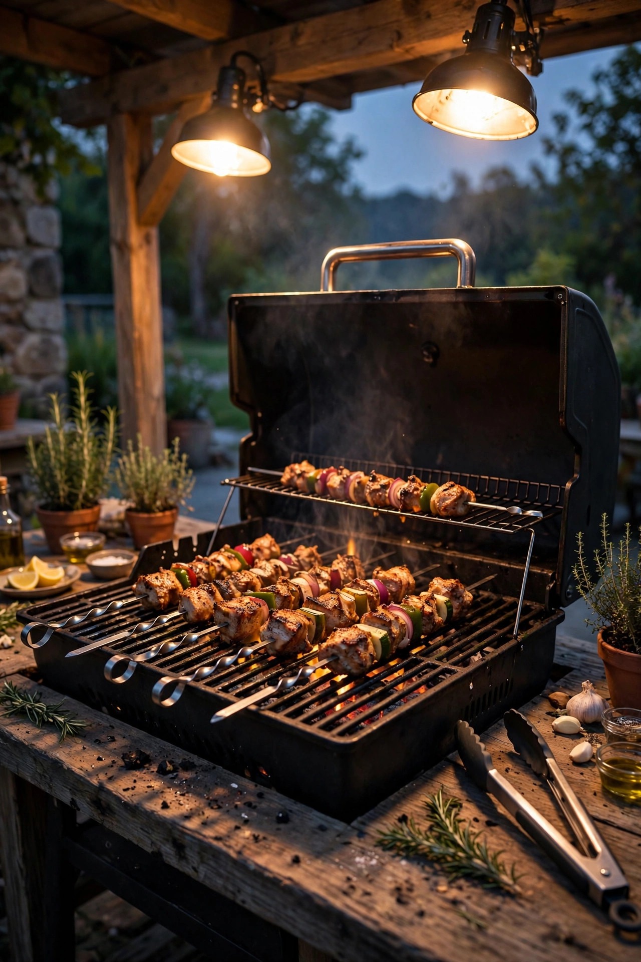Cook at an outdoor grill at dusk with both hands busy turning skewers while bright voice-controlled lights shine over the cooking station