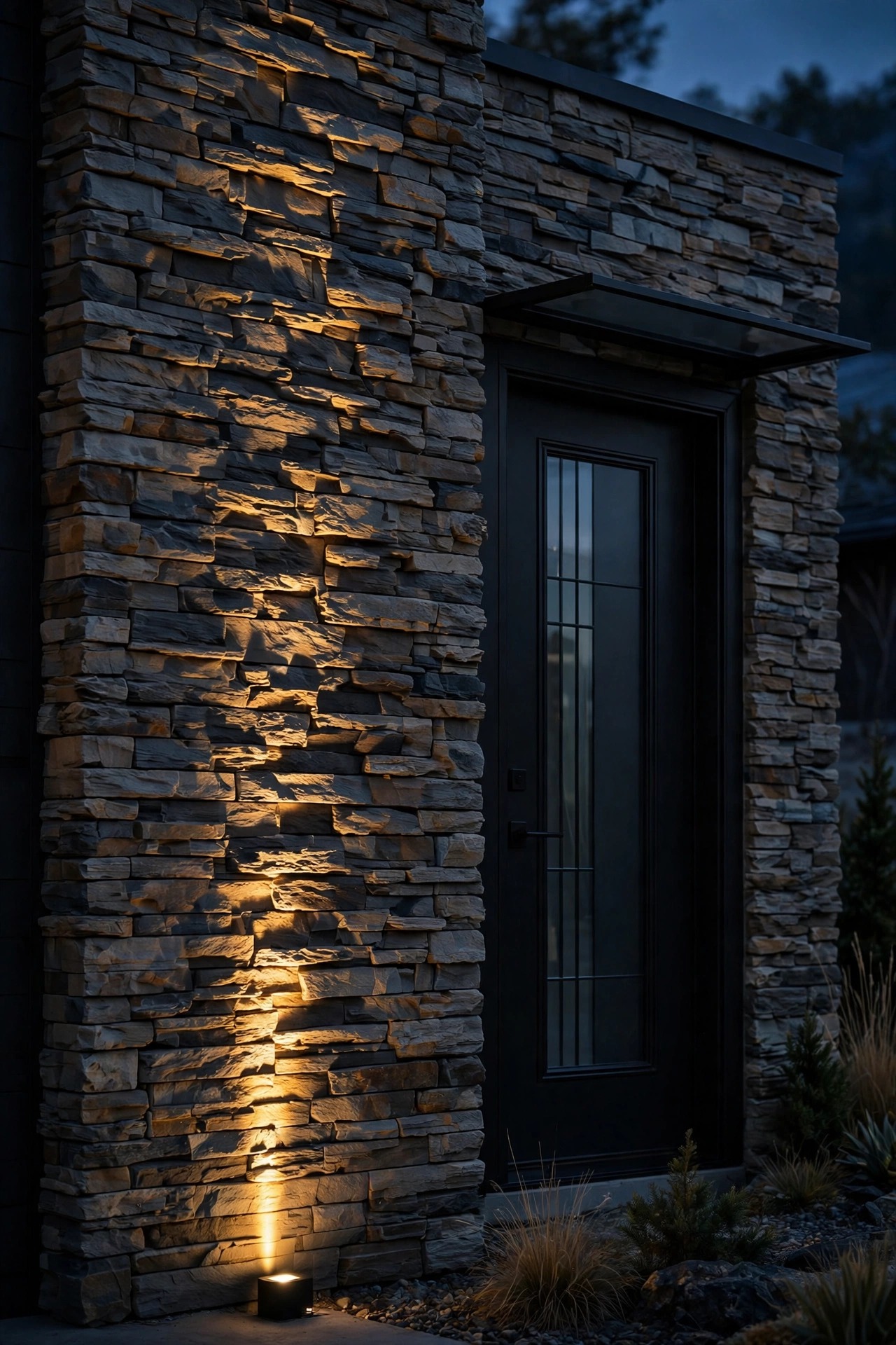Narrow beam uplight grazing up a textured stacked stone facade beside a modern front door at dusk showing dramatic shadows