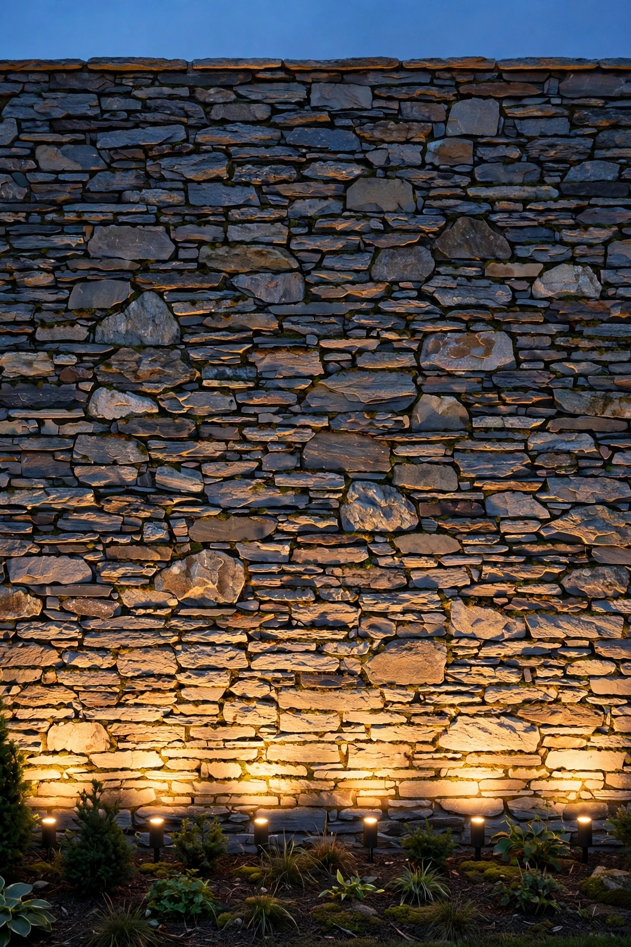 Stone veneer house wall at dusk with ground wash lights placed a few feet apart, their beams overlapping into an even warm wash that shows the stone texture
