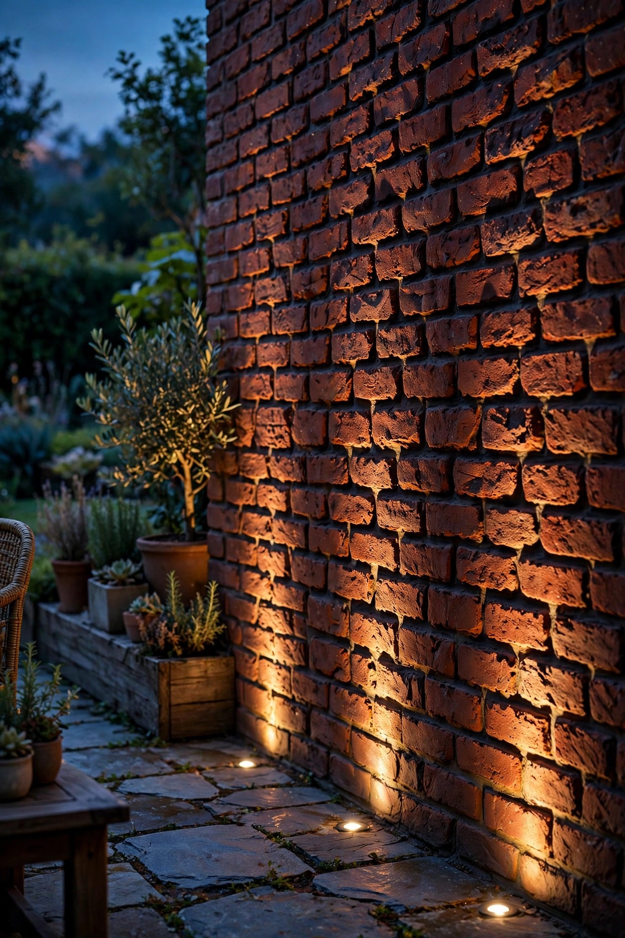 Uplights grazing up a textured red brick wall beside a patio, showing deep mortar shadows