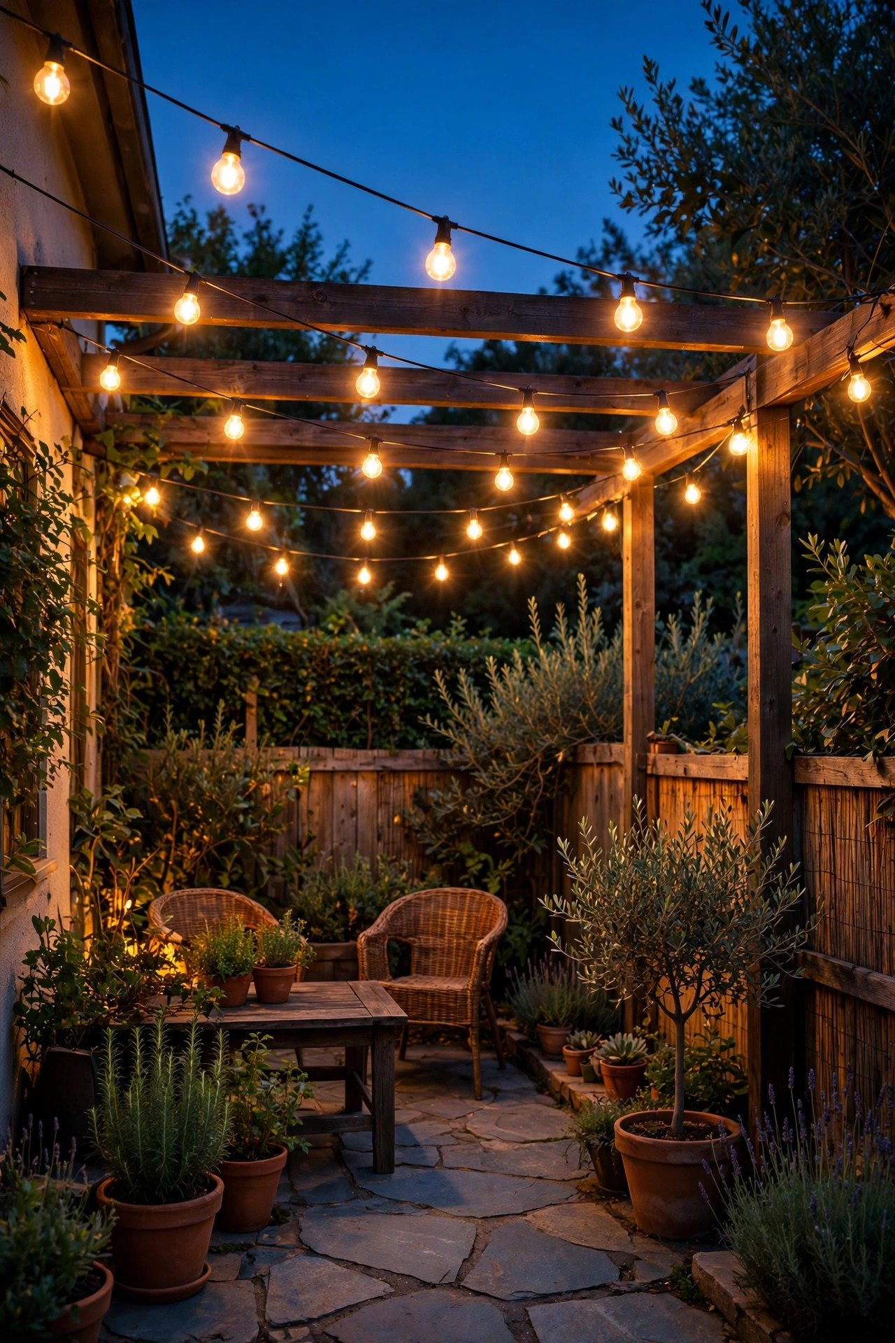 Warm 2700K bulbs glowing across a small backyard patio at dusk, consistent golden color temperature everywhere
