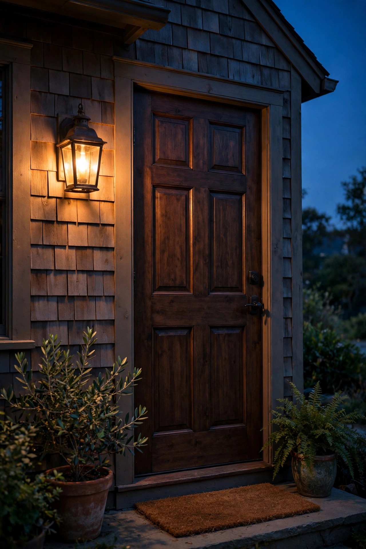 Warm 2700K amber porch lantern glowing beside a front door at dusk, cozy golden light with no harsh blue-white glare