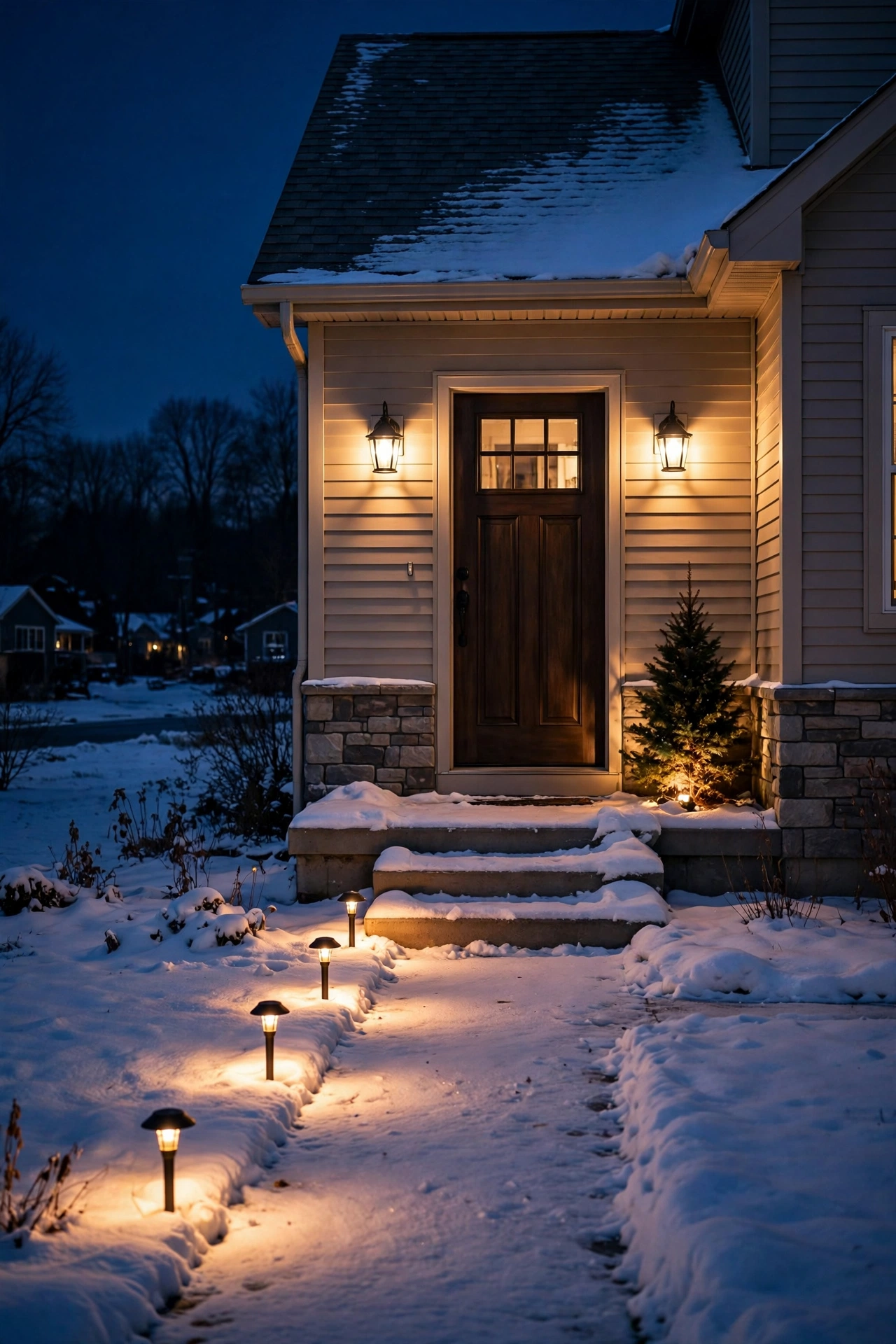 Front door with warm glowing sconces and path lights leading through snow to the entry