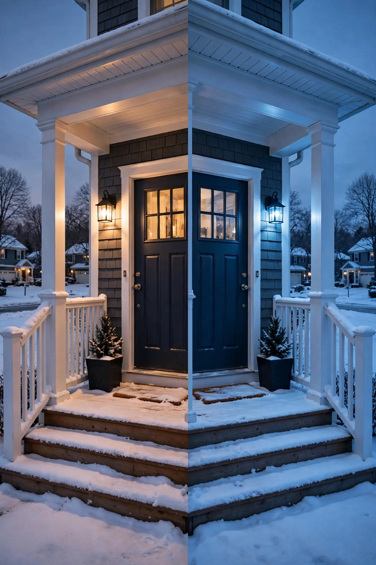 Side-by-side comparison of warm white and ice blue winter porch lighting tones on snow