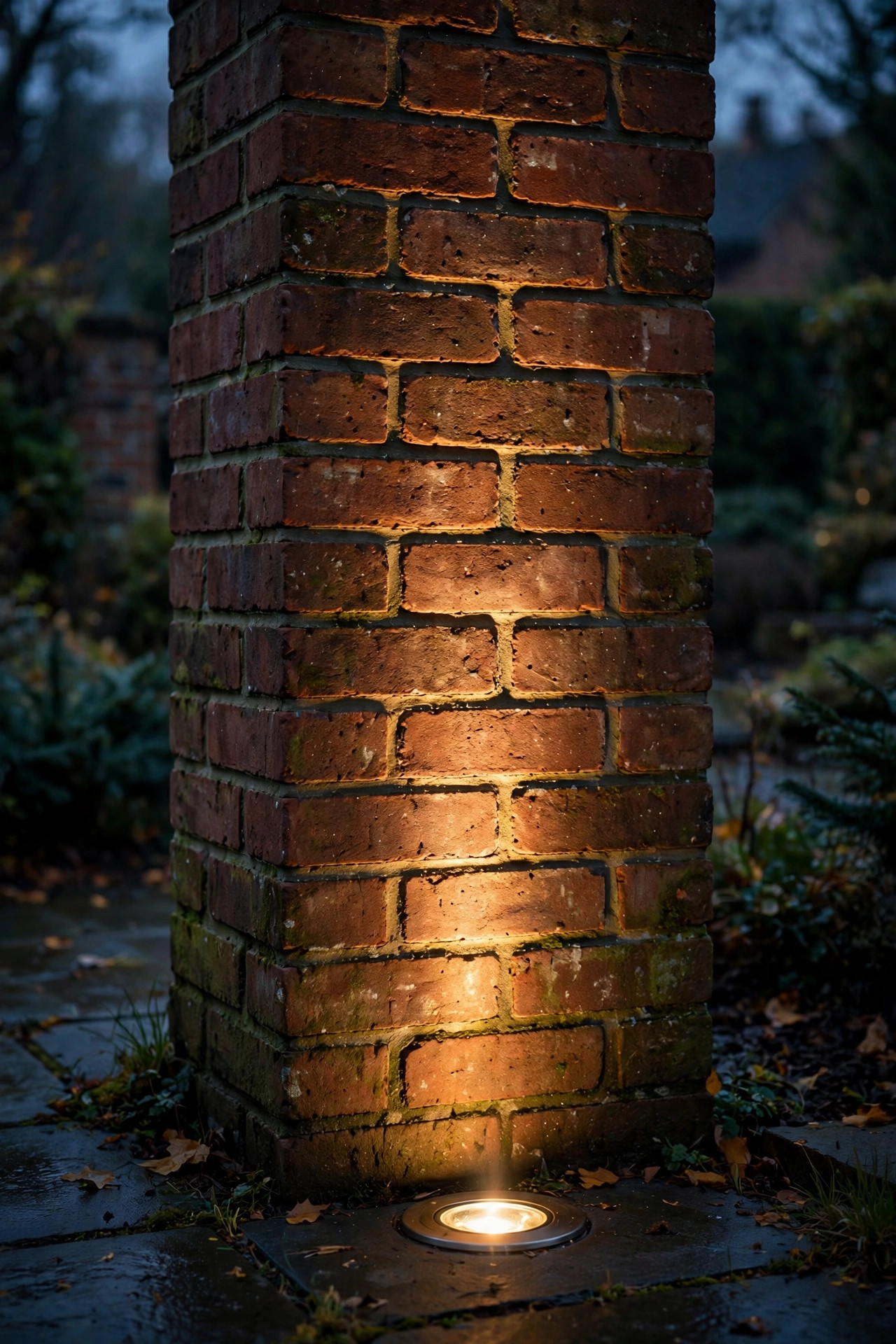 Flush in-ground well light at the base of a brick column sending a narrow warm beam up the column at twilight