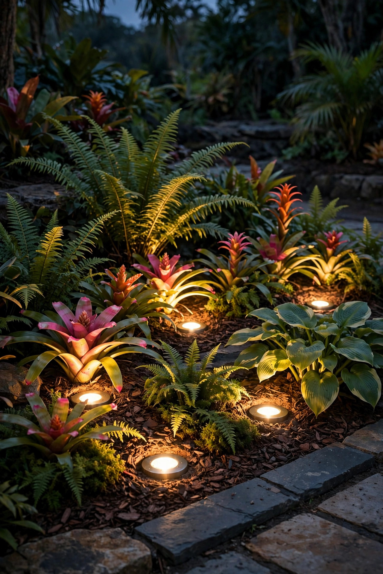 In-ground well lights glowing up through tropical planting beds with ferns, hostas and bromeliads lit from below at night
