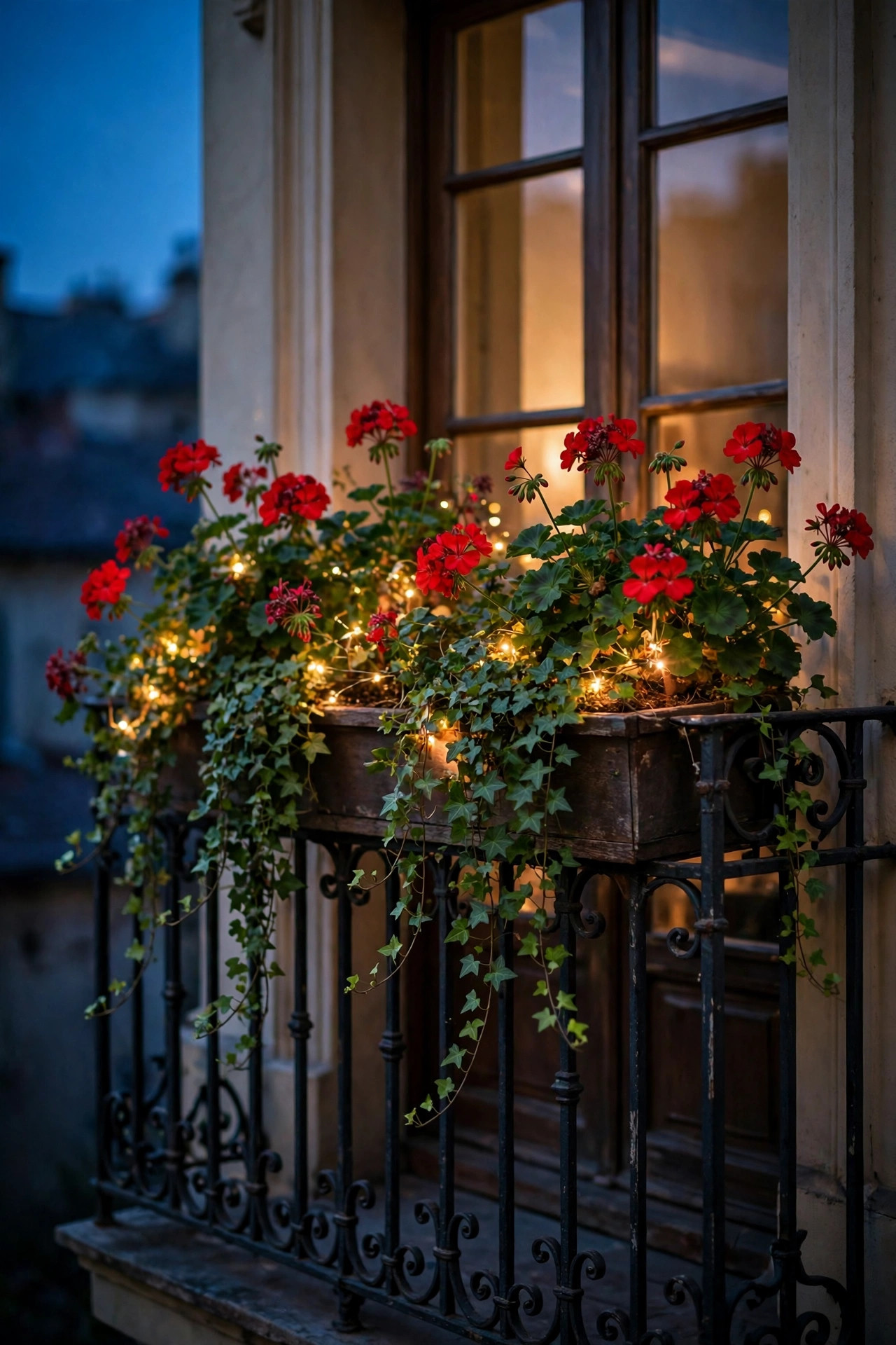 Window box with geraniums and trailing ivy softly lit from within by warm fairy lights on a Juliet balcony at dusk