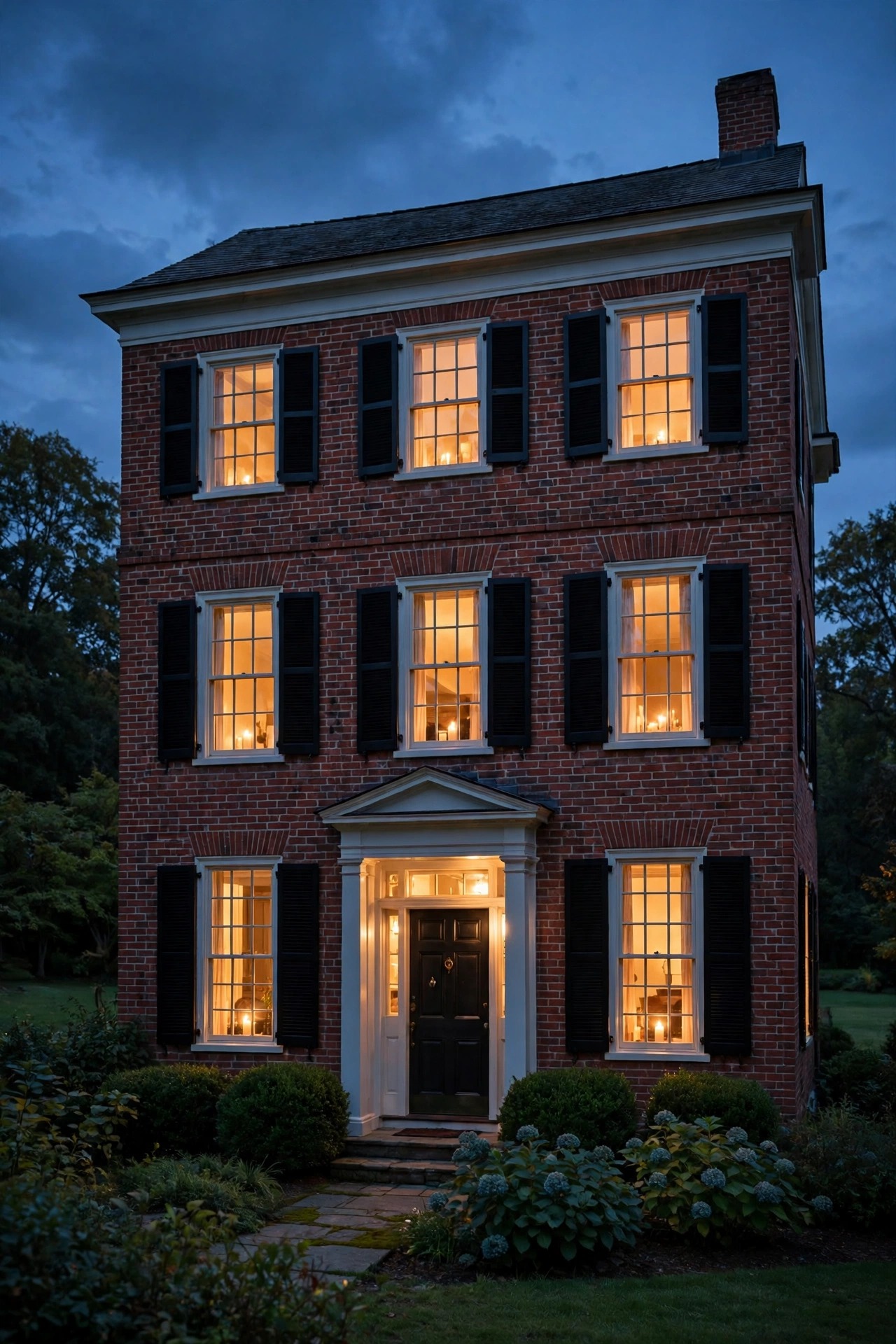 Colonial home at dusk with warm candle style lights glowing in every front window