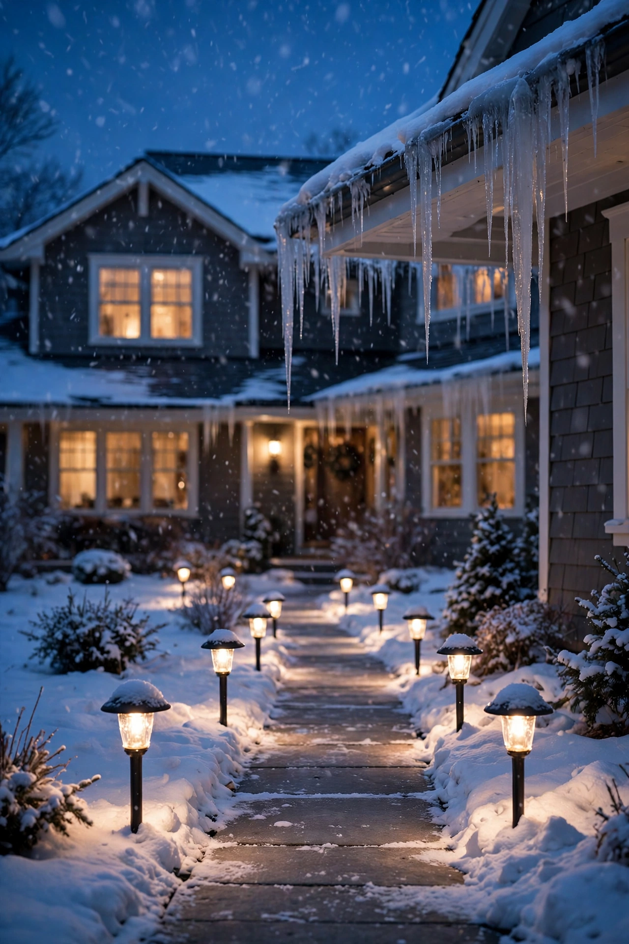Snow-dusted path lights glowing warm along a cleared winter walkway with icicles on eaves