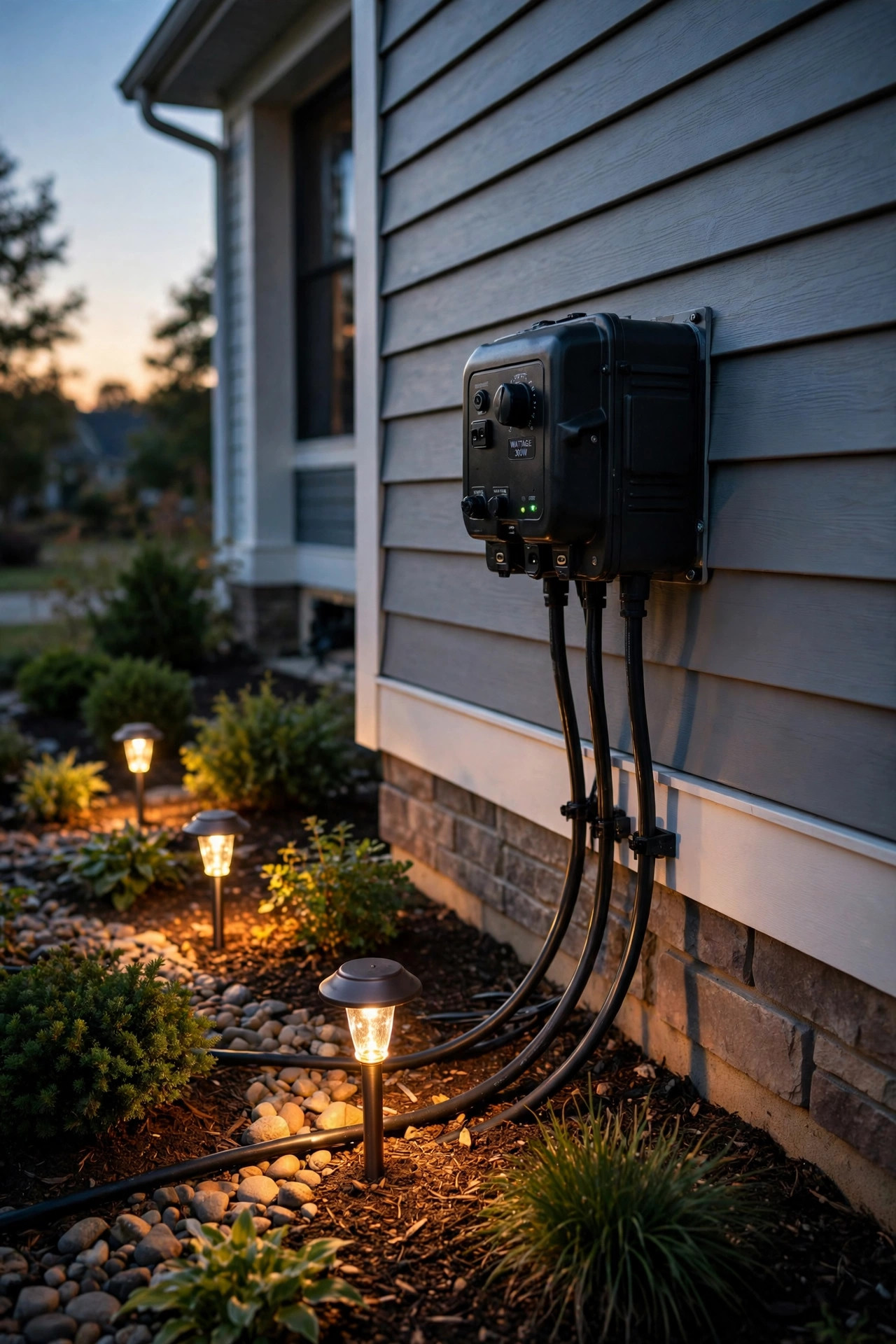 A low-voltage landscape lighting transformer mounted beside a house with weatherproof cables running to garden fixtures