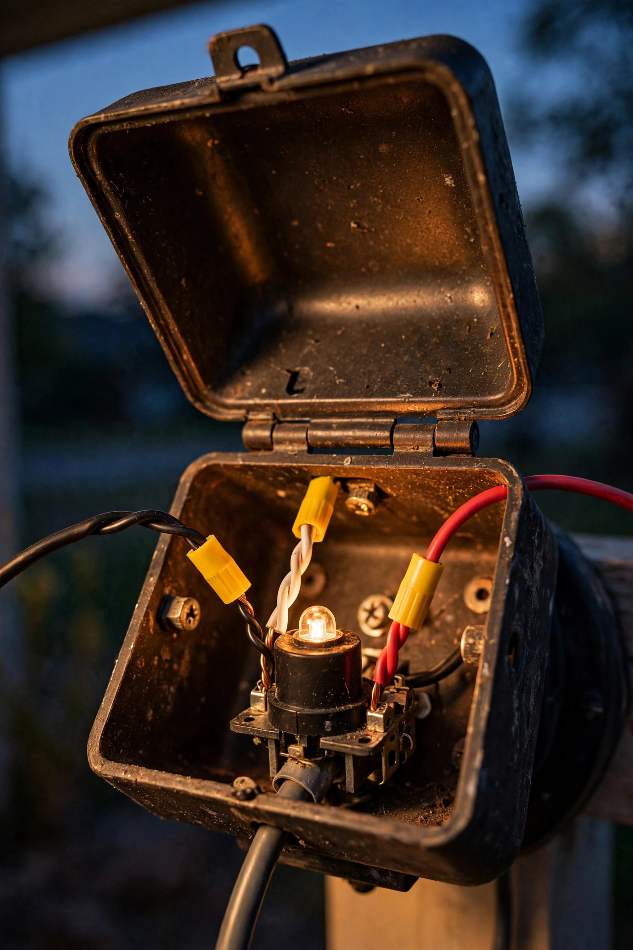 Porch light fixture canopy opened to show a photocell being spliced in with wire nuts, black red and white wires visible