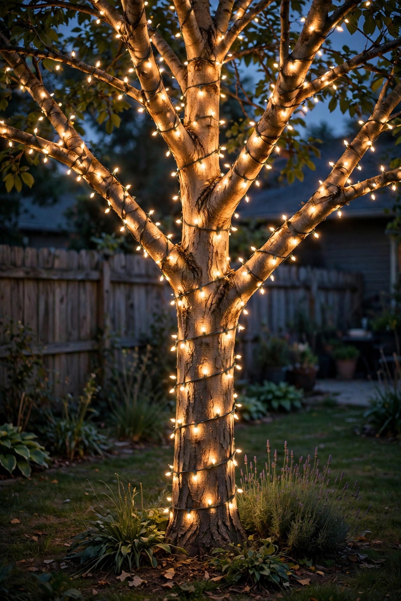 Tree trunk and branches wrapped with warm white string lights glowing in a backyard
