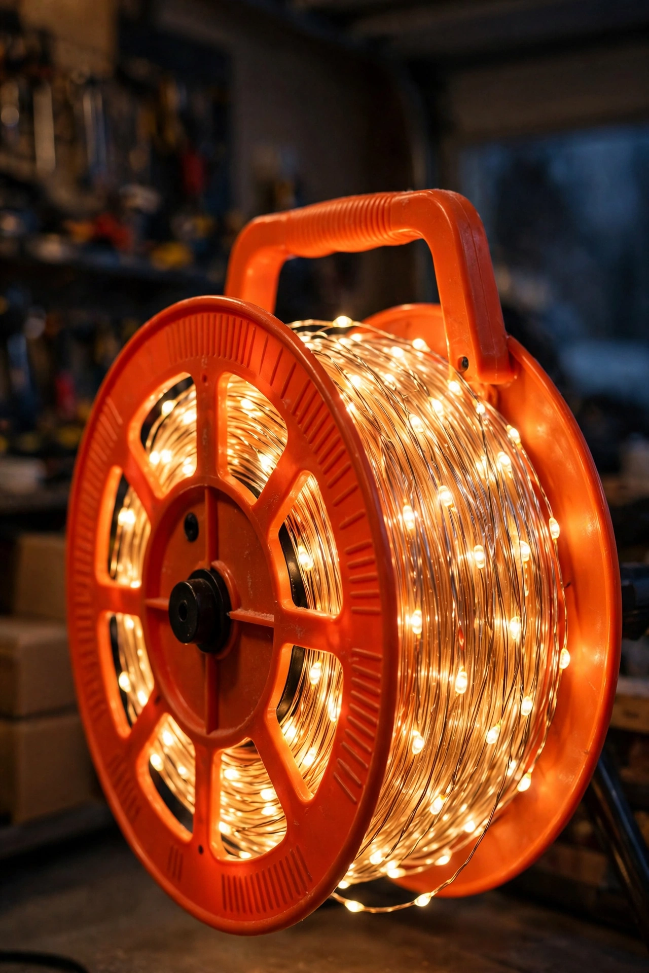 Hands winding a strand of mini Christmas lights onto a plastic cord storage reel in loose even loops