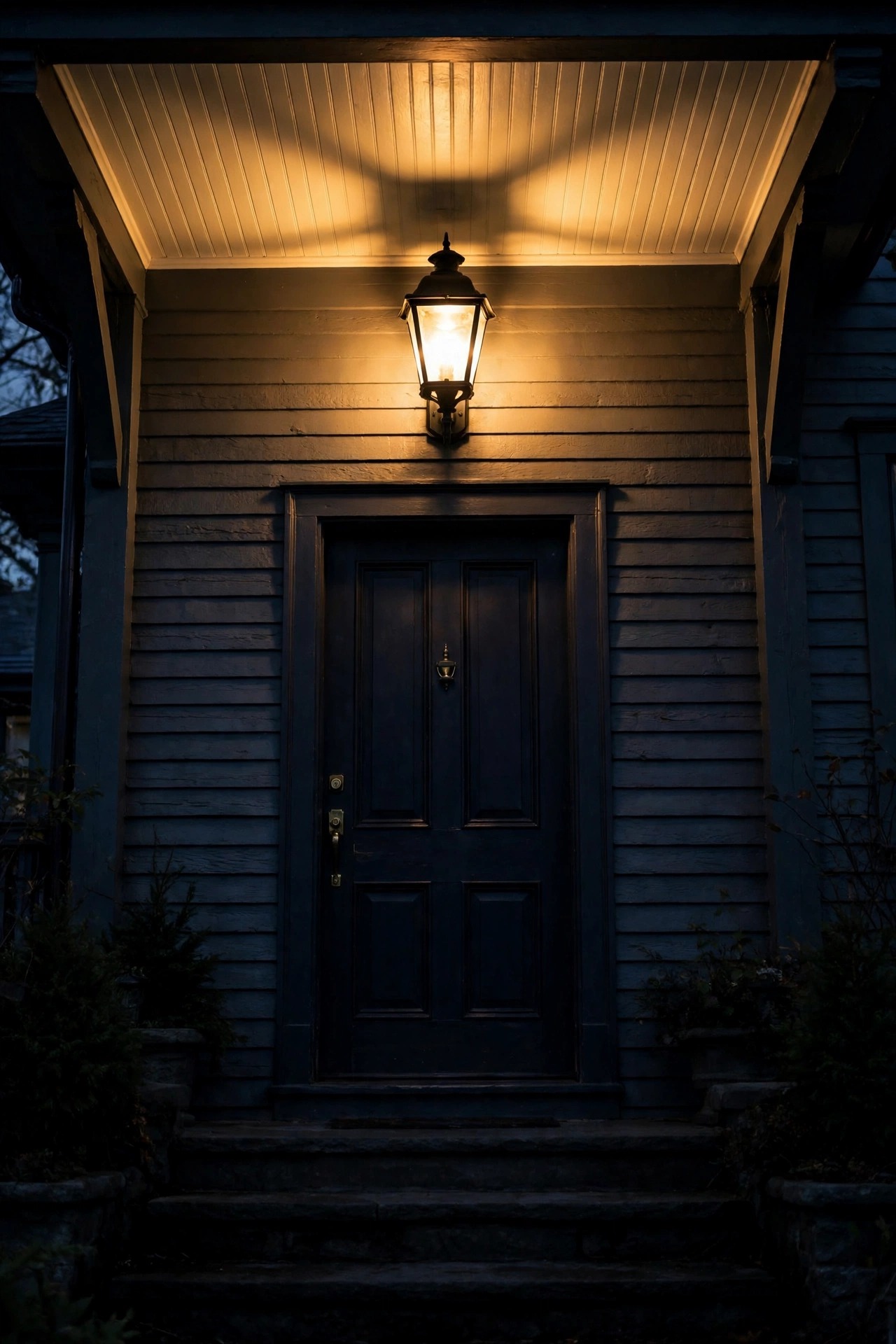 Wall lantern mounted far too high above a front door at dusk, light pooling near the porch ceiling while the door and steps below stay in shadow