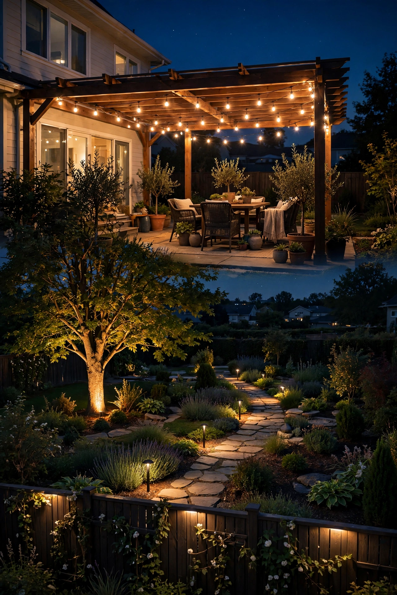 Aerial evening view of a zoned yard with lit pathway, glowing porch and softly lit garden beds