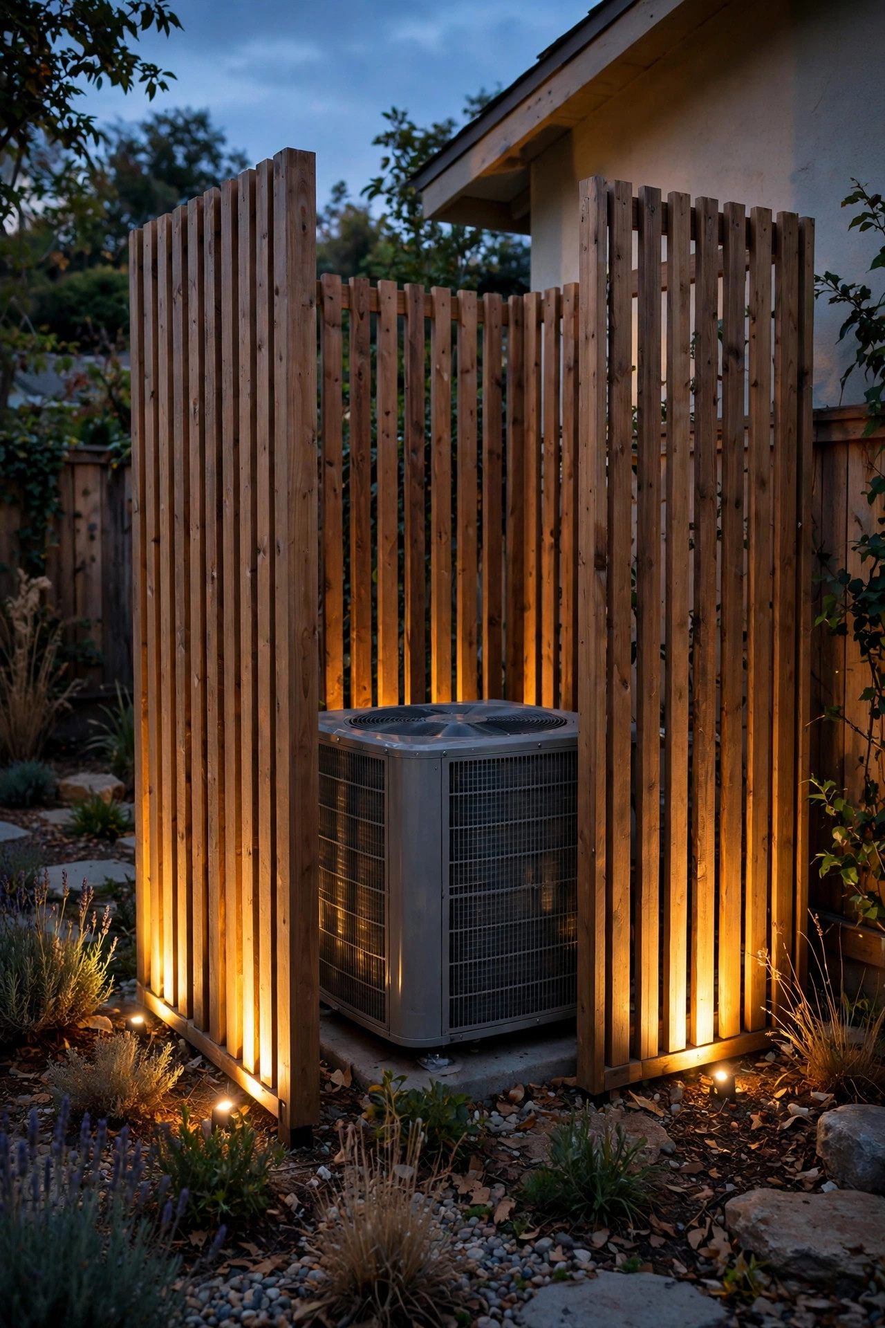 Slatted screen around an AC unit grazed by warm uplights in a side yard at dusk