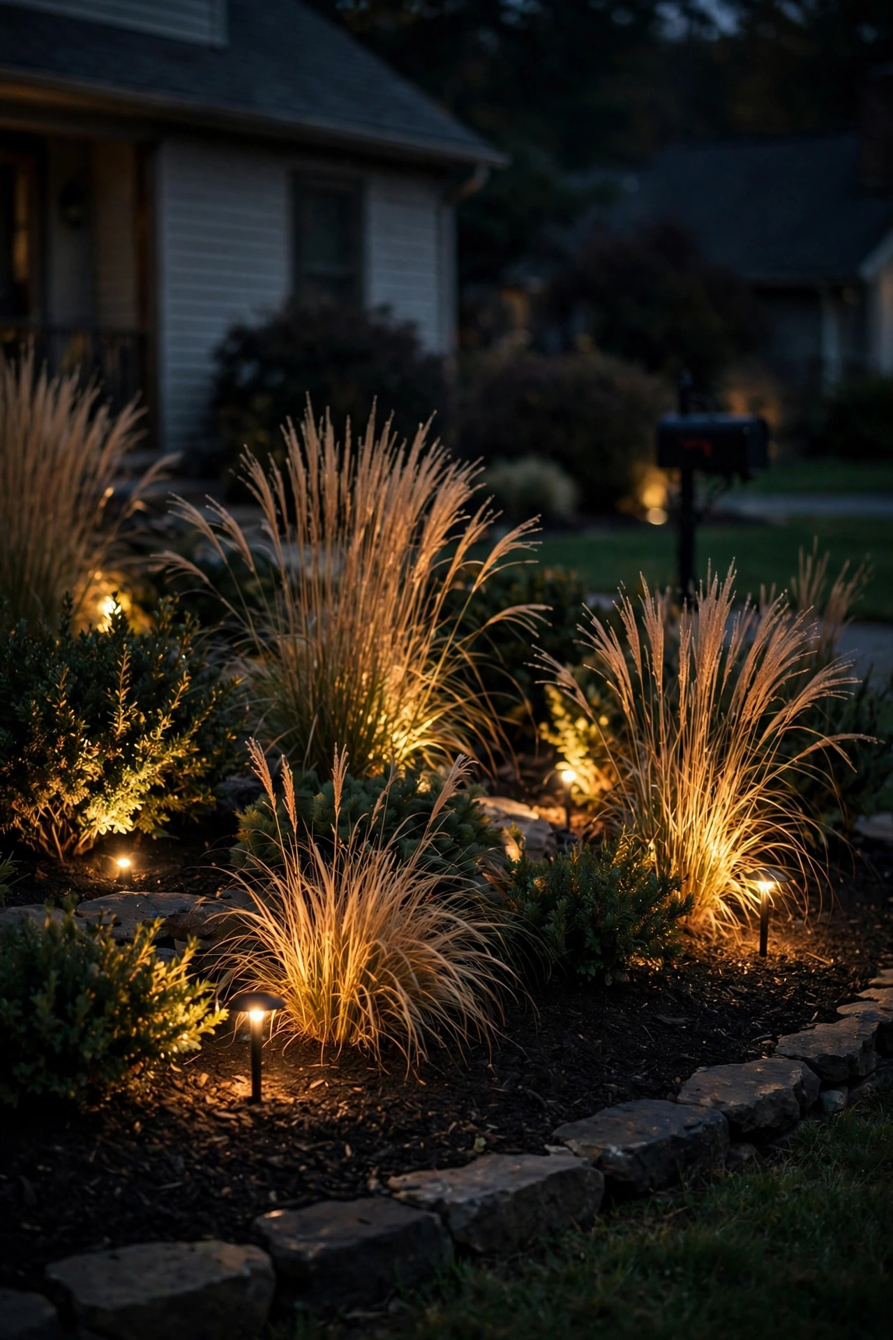 Planting bed at night with small accent lights making ornamental grasses and shrubs glow against mulch