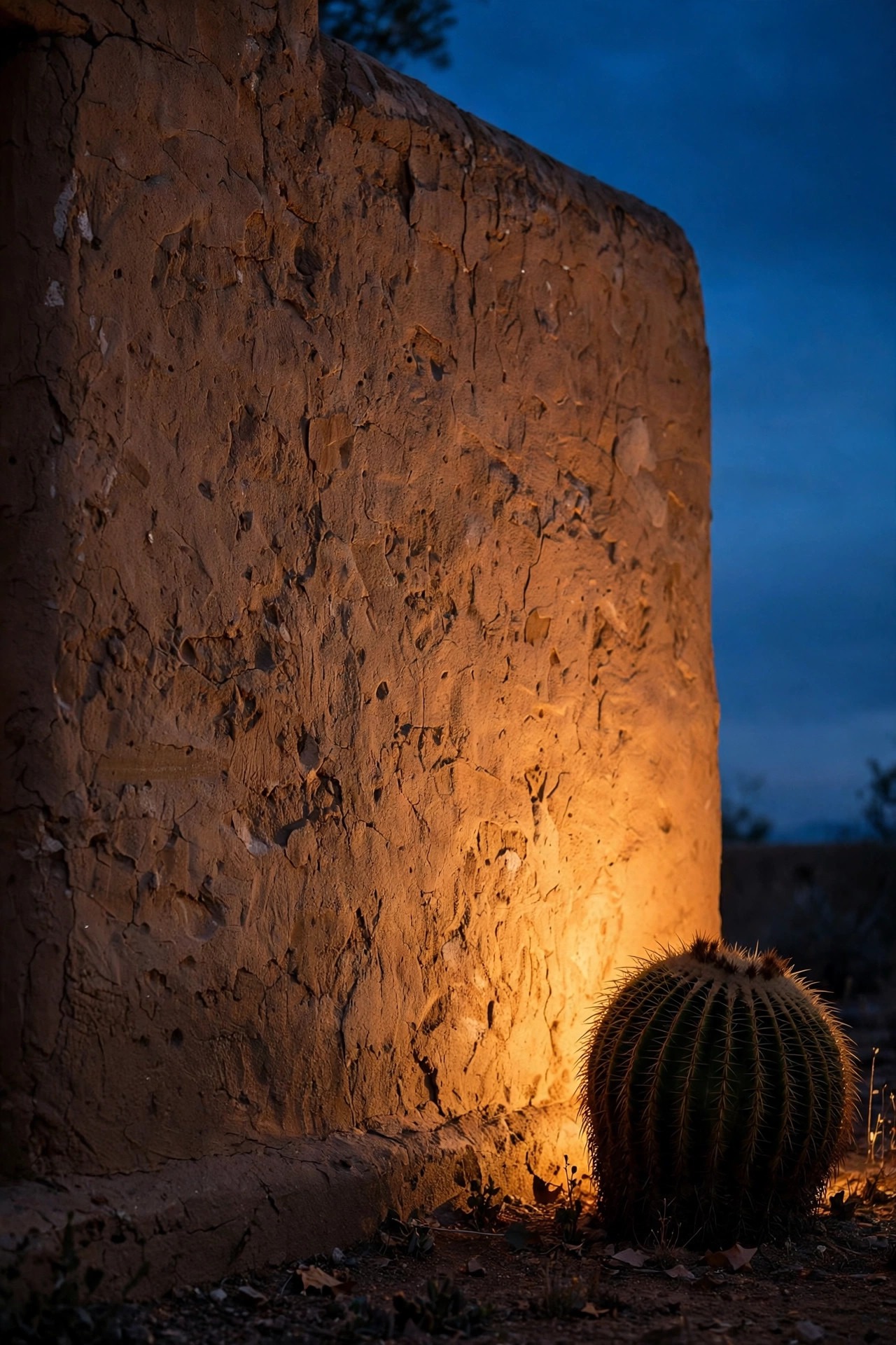 Warm light grazing up a textured adobe front wall at dusk, highlighting hand-troweled stucco beside a wooden viga porch beam