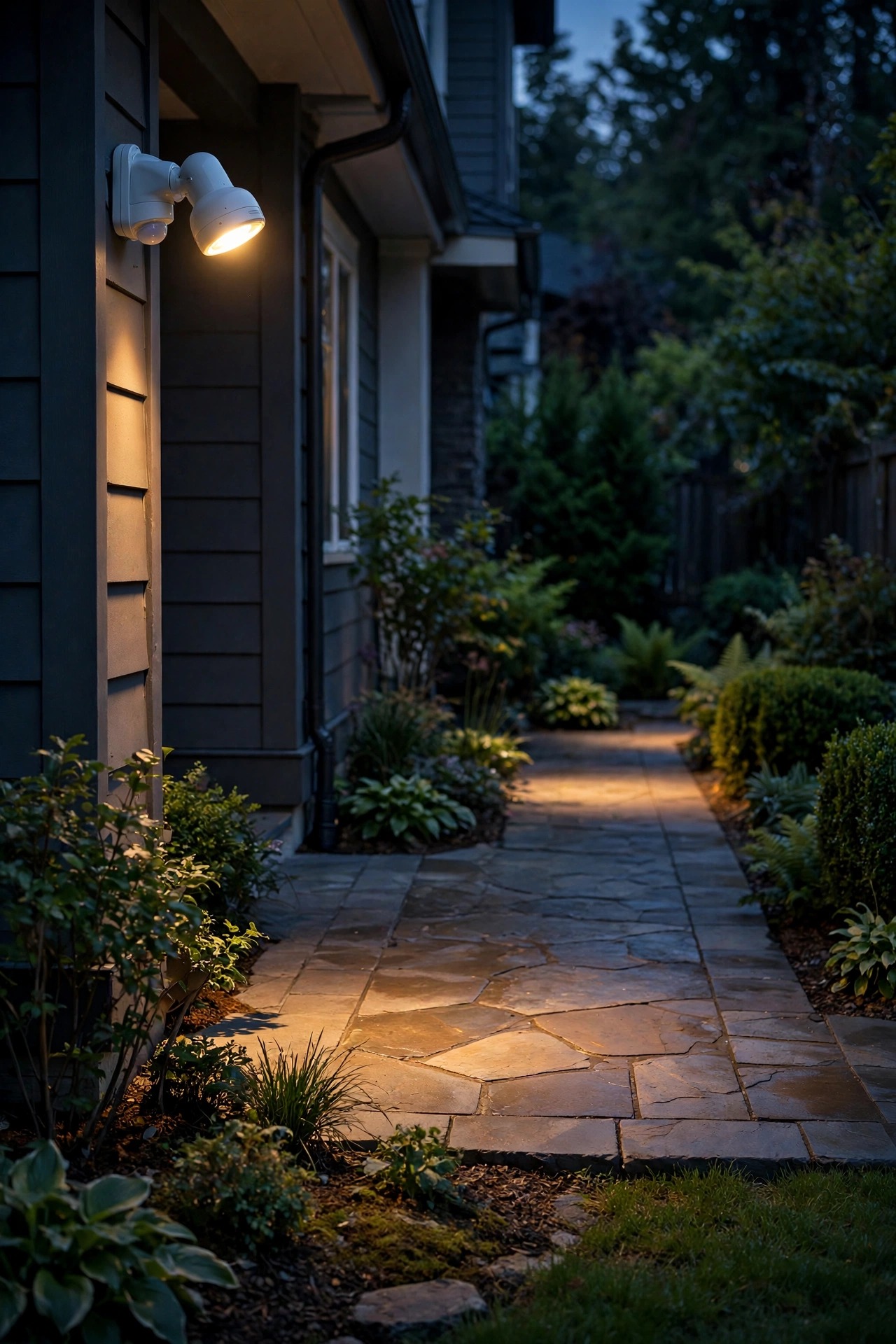 Motion sensor light aimed across a front walkway instead of toward the street, warm pools of light on the path at dusk