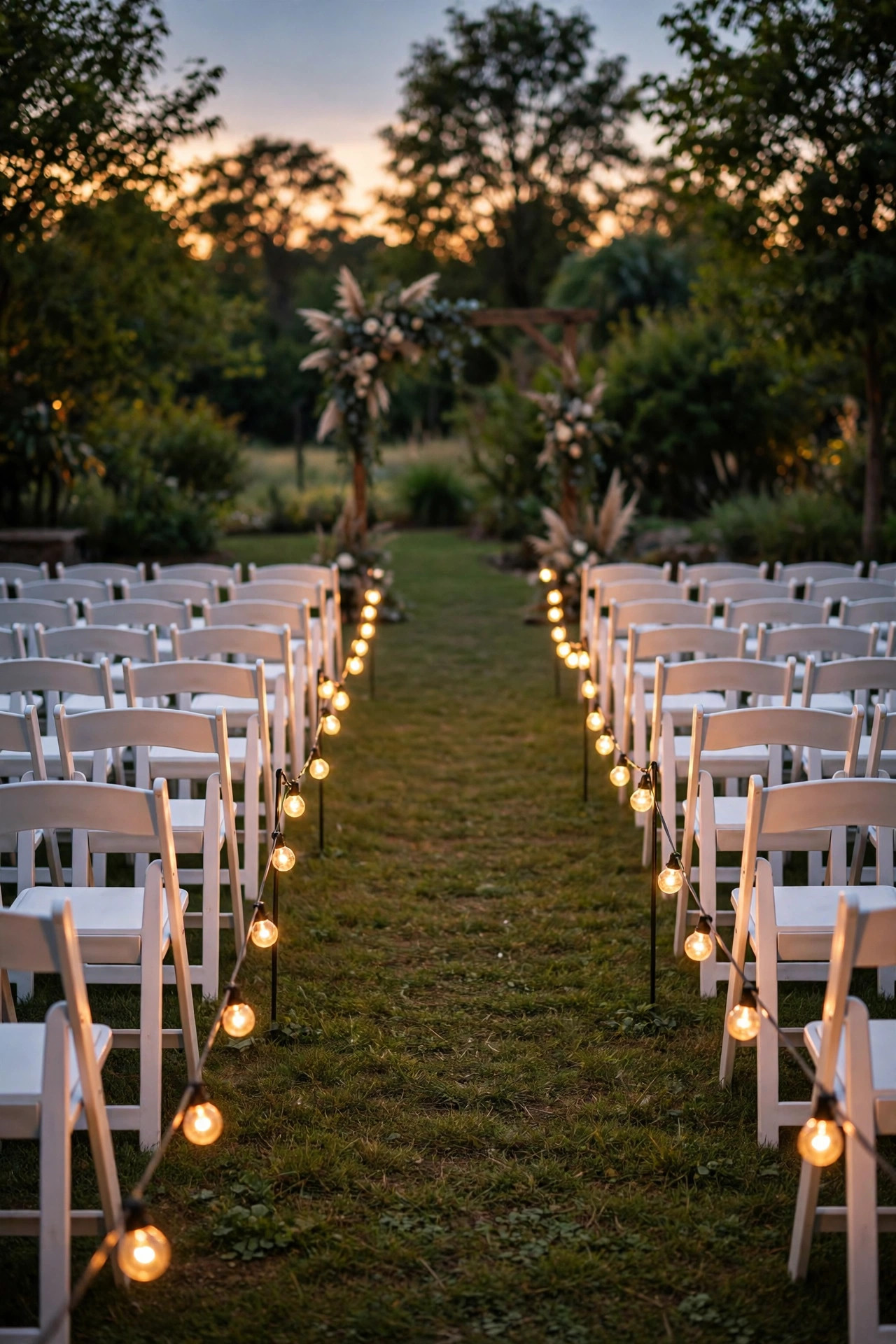 Low globe string lights lining both sides of an outdoor wedding ceremony aisle with white chairs at golden hour