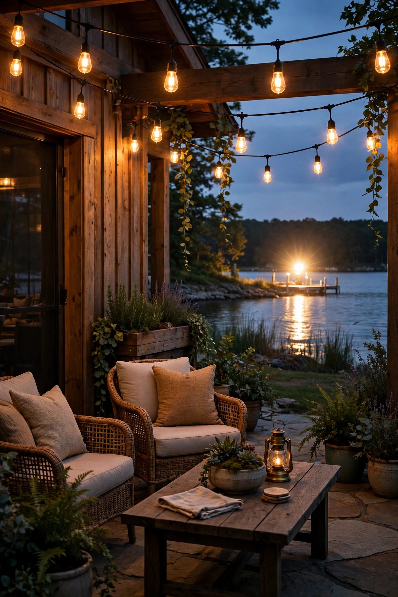 Amber bug-smart bulbs glowing softly over lake house patio seating while brighter light shines away near the shore