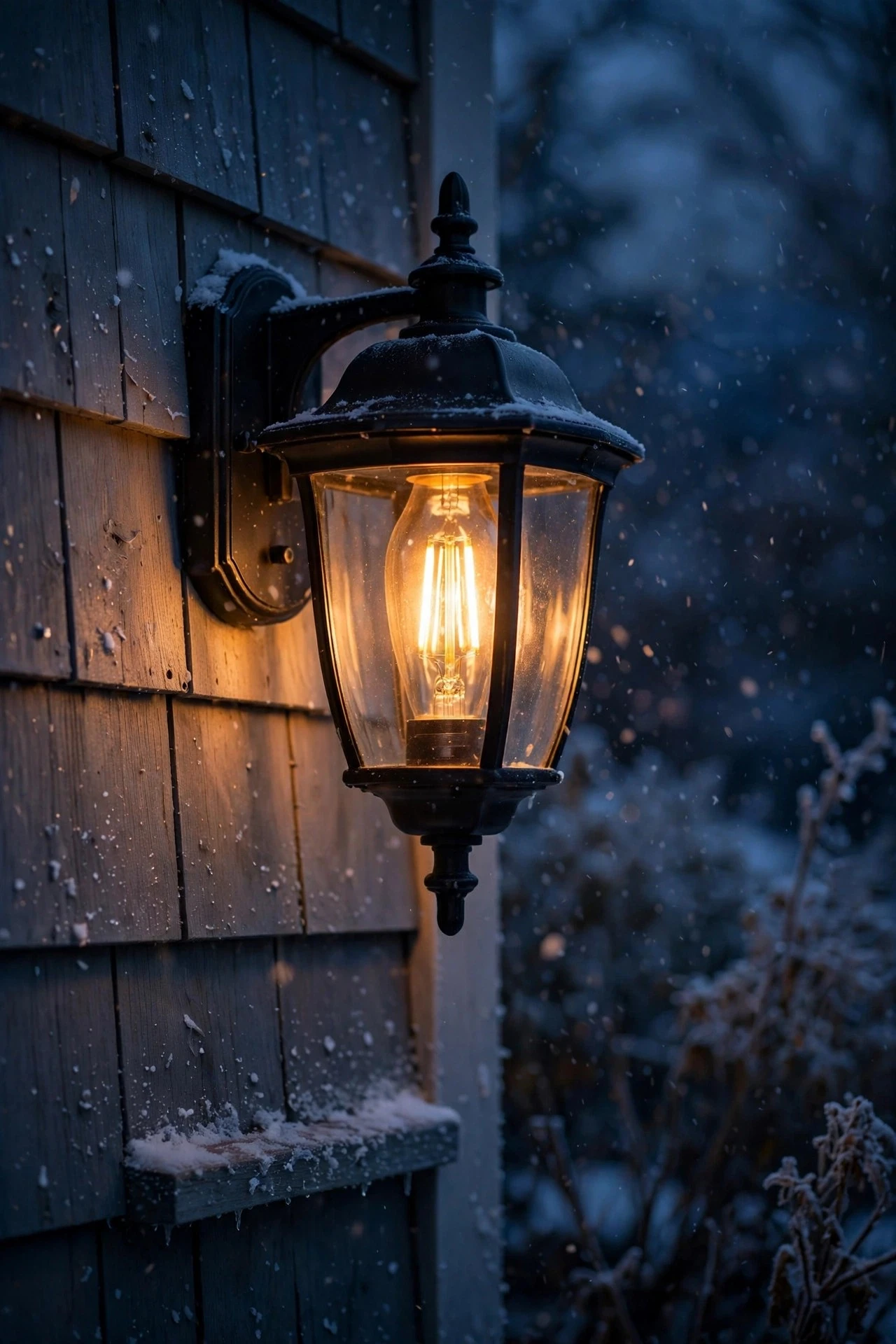 Porch wall sconce glowing with an amber 2200K LED filament bulb in winter