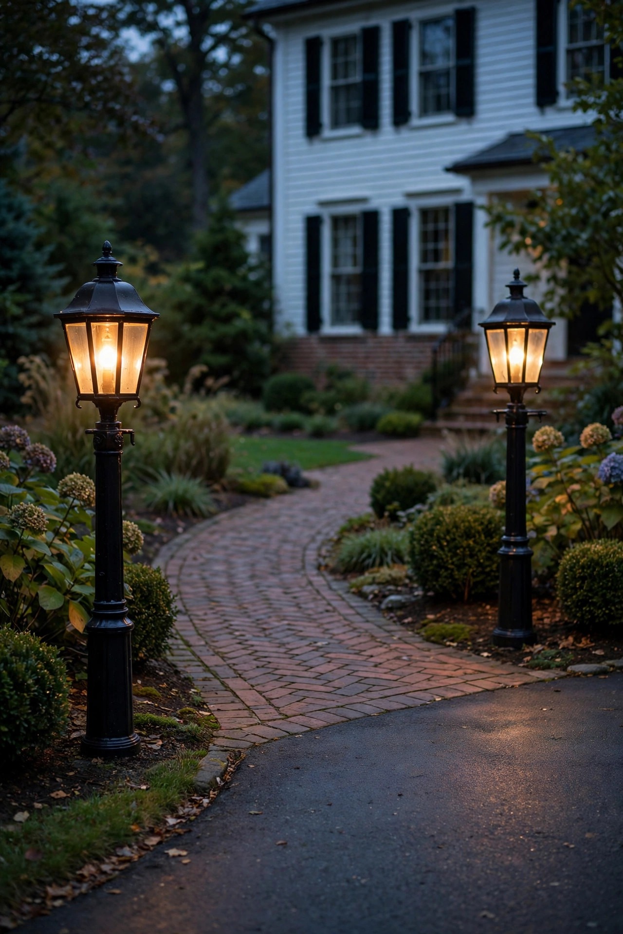 Two matching black lantern posts glowing where a colonial driveway meets the front walk, guests arriving at dusk