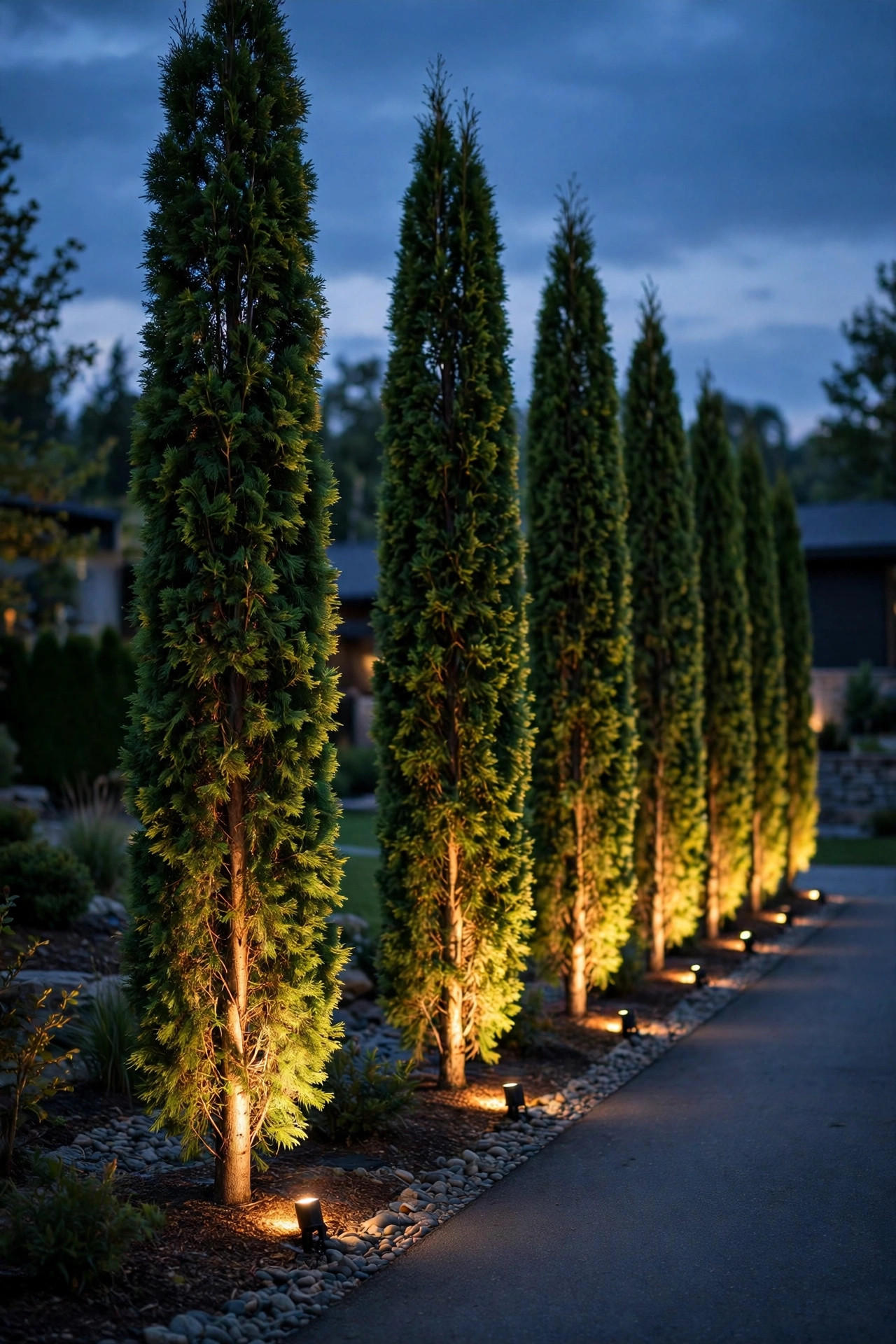 Row of tall columnar arborvitae trees each lit from below by narrow beam spotlights along a driveway at dusk