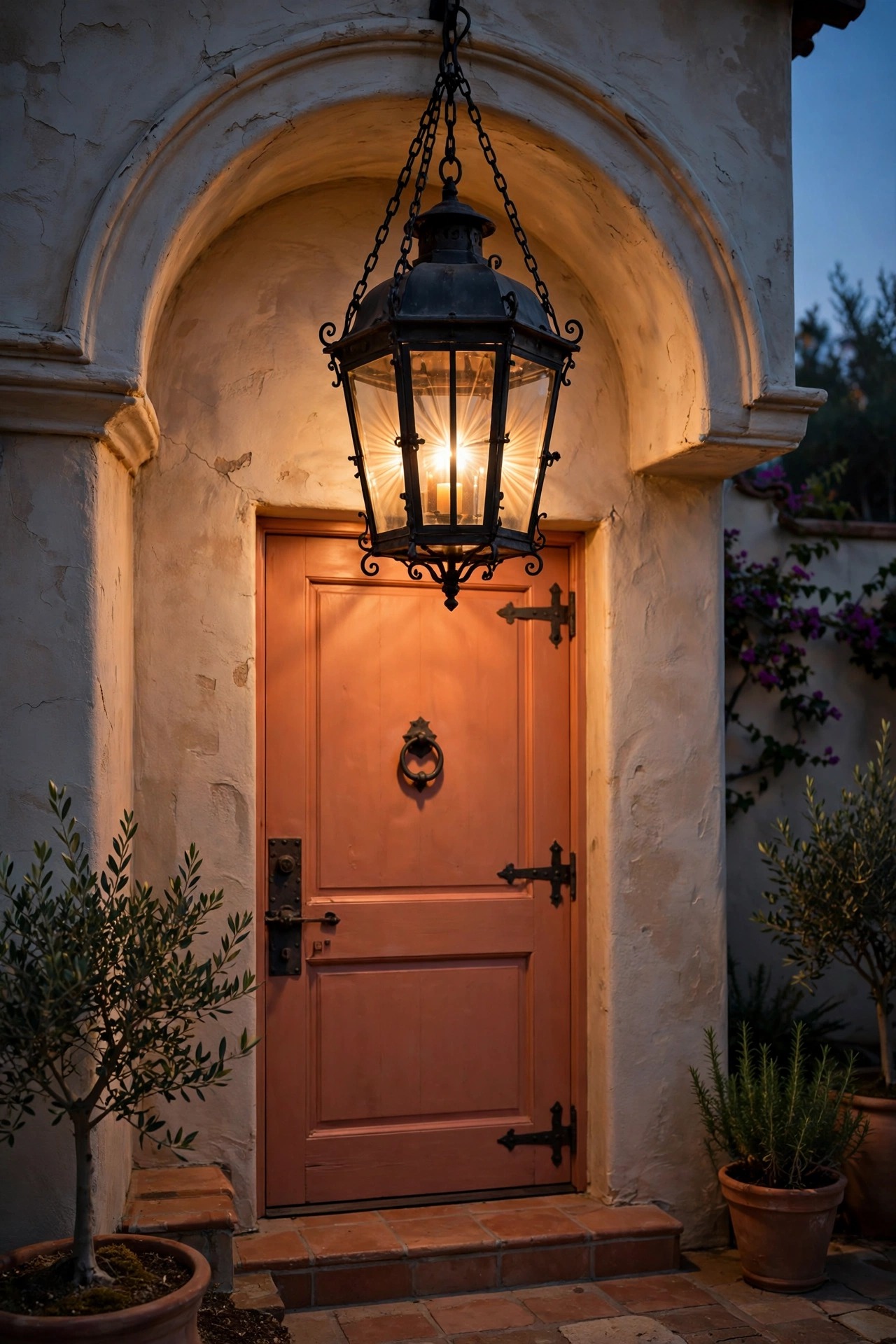 Oversized black iron lantern hanging beneath a stucco arch at a Mediterranean home entry at dusk, warm glow on a terracotta door