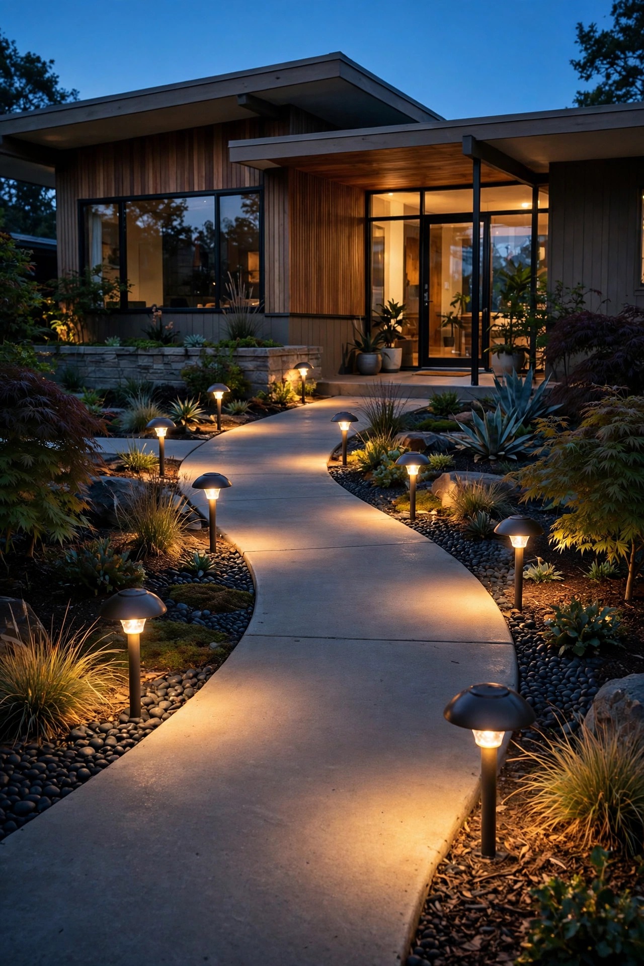 Mushroom shaped low voltage path lights lining a curved walkway to a mid-century modern front porch, warm pools of light at dusk