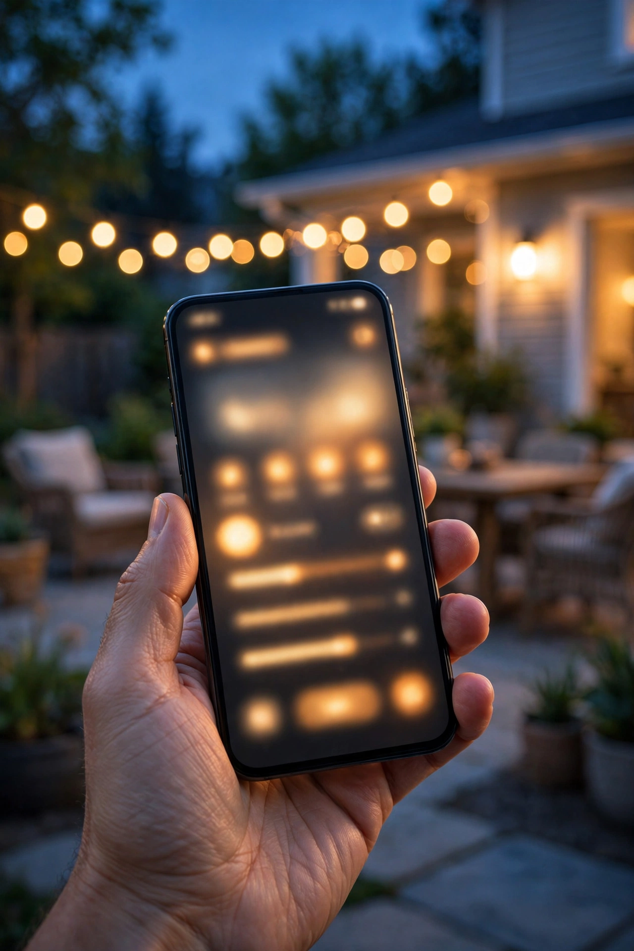 Phone screen showing smart outdoor lighting app with sunset schedule and zone scenes beside a glowing patio at dusk